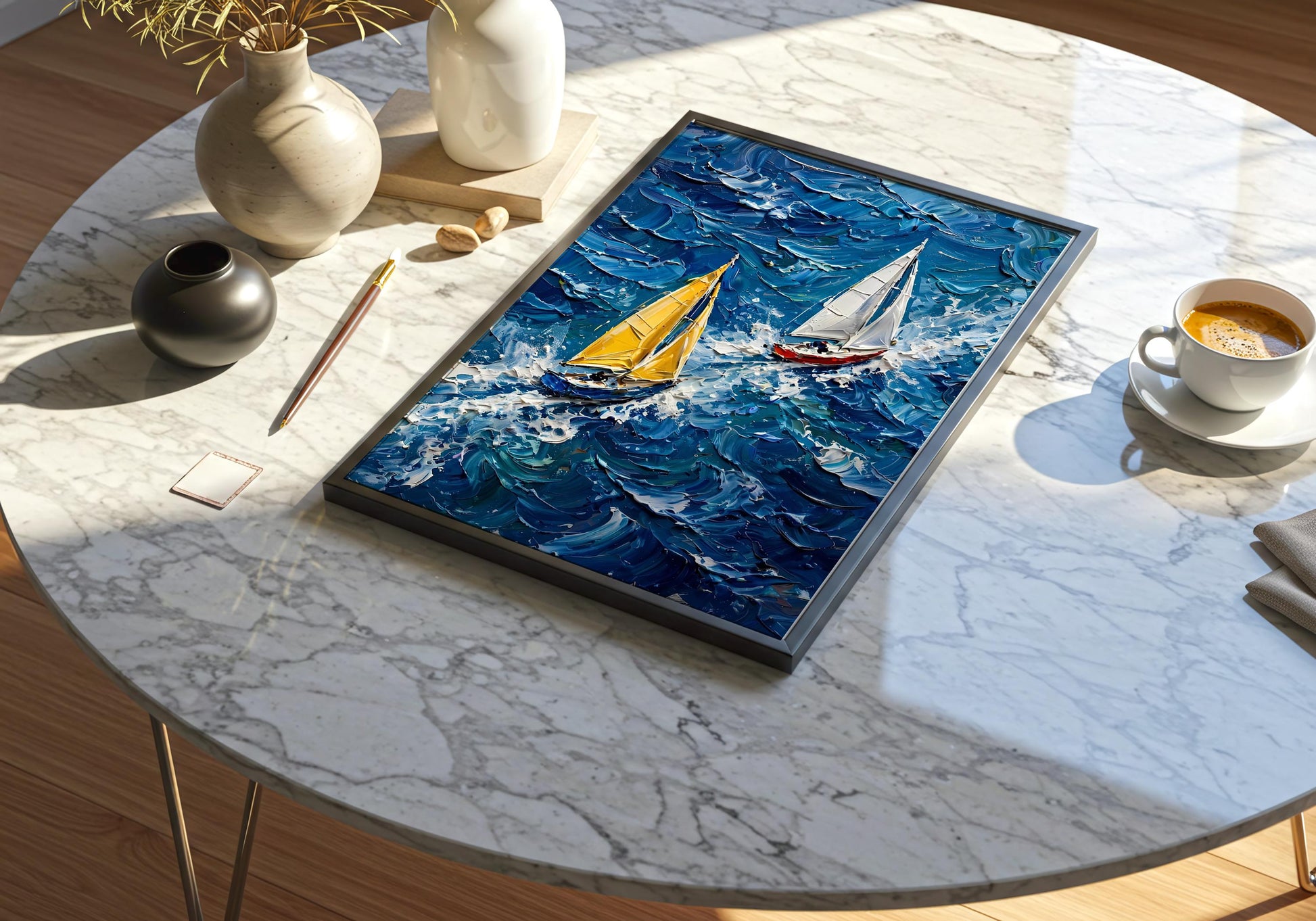 Contemporary regatta artwork with dynamic sailing yachts and expressive impasto-style waves.