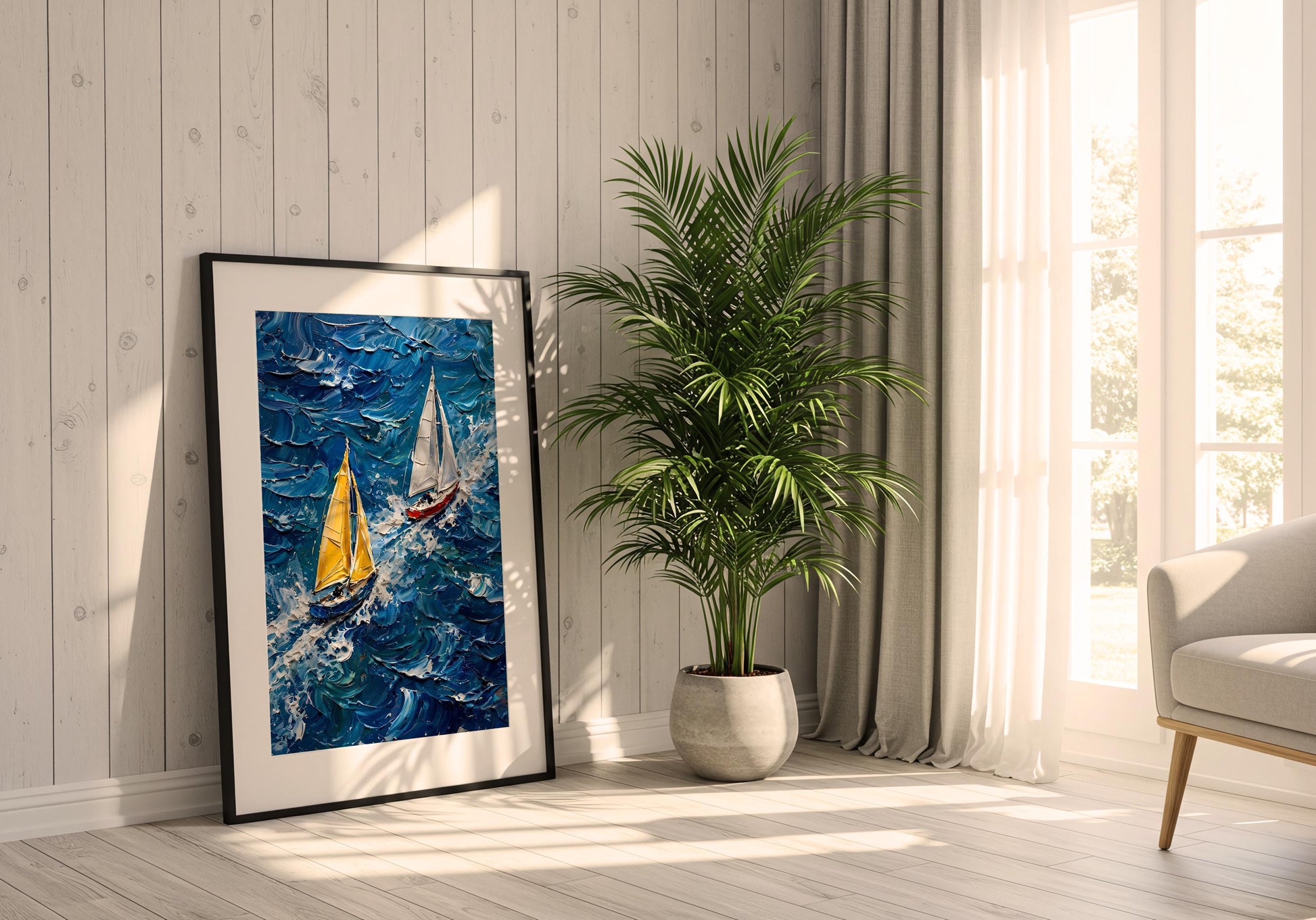 Sailing race artwork inspired by regatta events with bold ocean textures and rich blue tones.