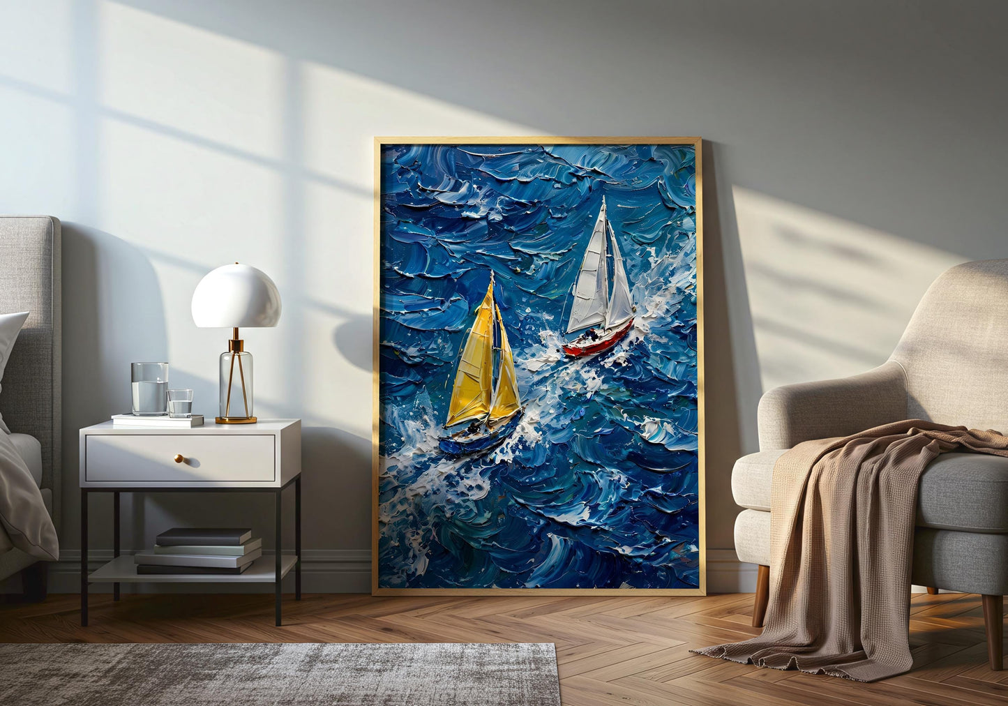 Expressive marine artwork featuring yachts sailing through energetic waves.