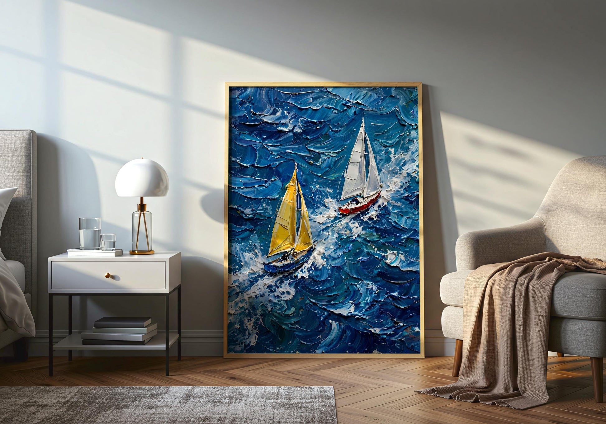 Expressive marine artwork featuring yachts sailing through energetic waves.