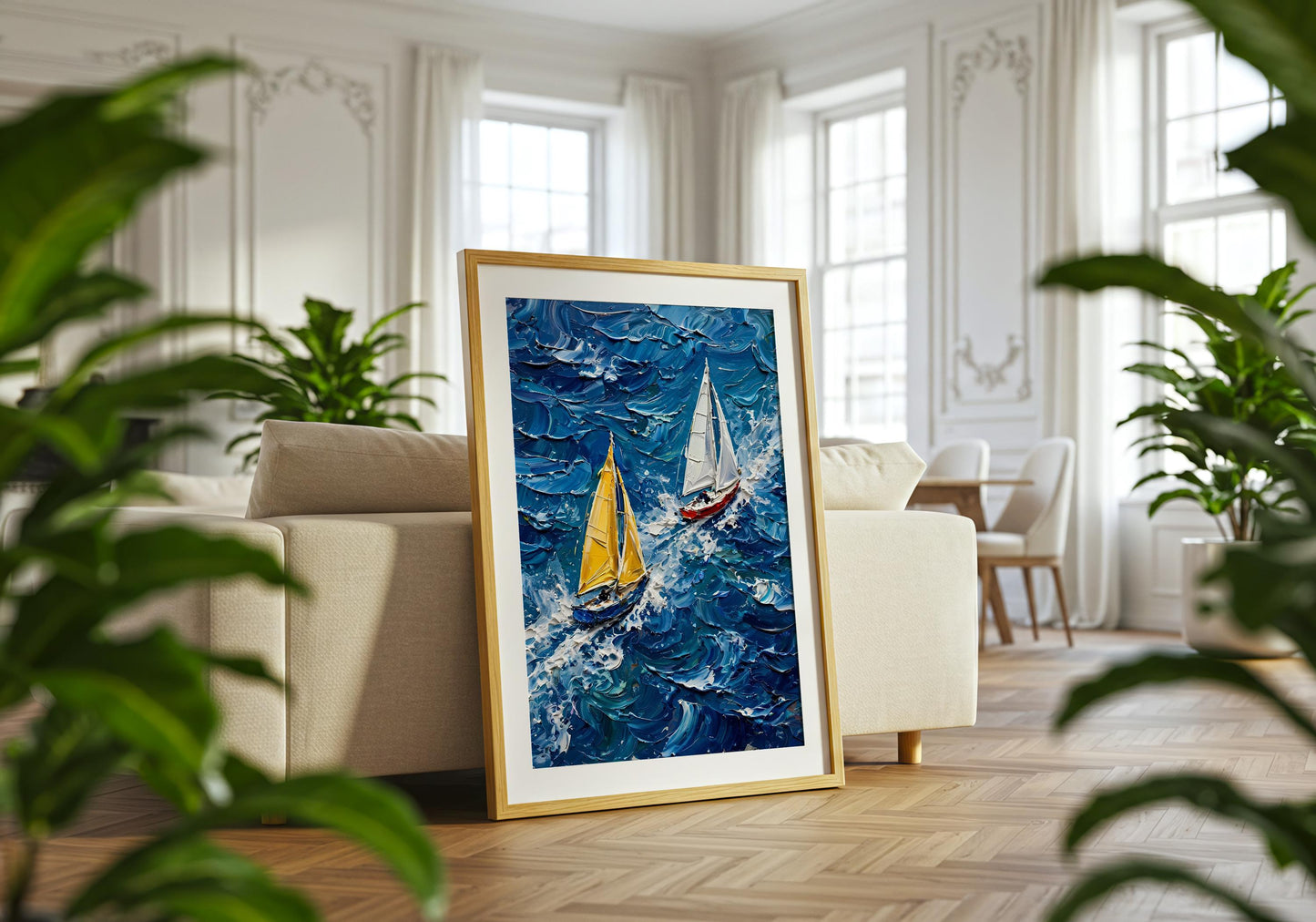 Fine art seascape print with racing yachts and dramatic textured ocean brushstrokes.