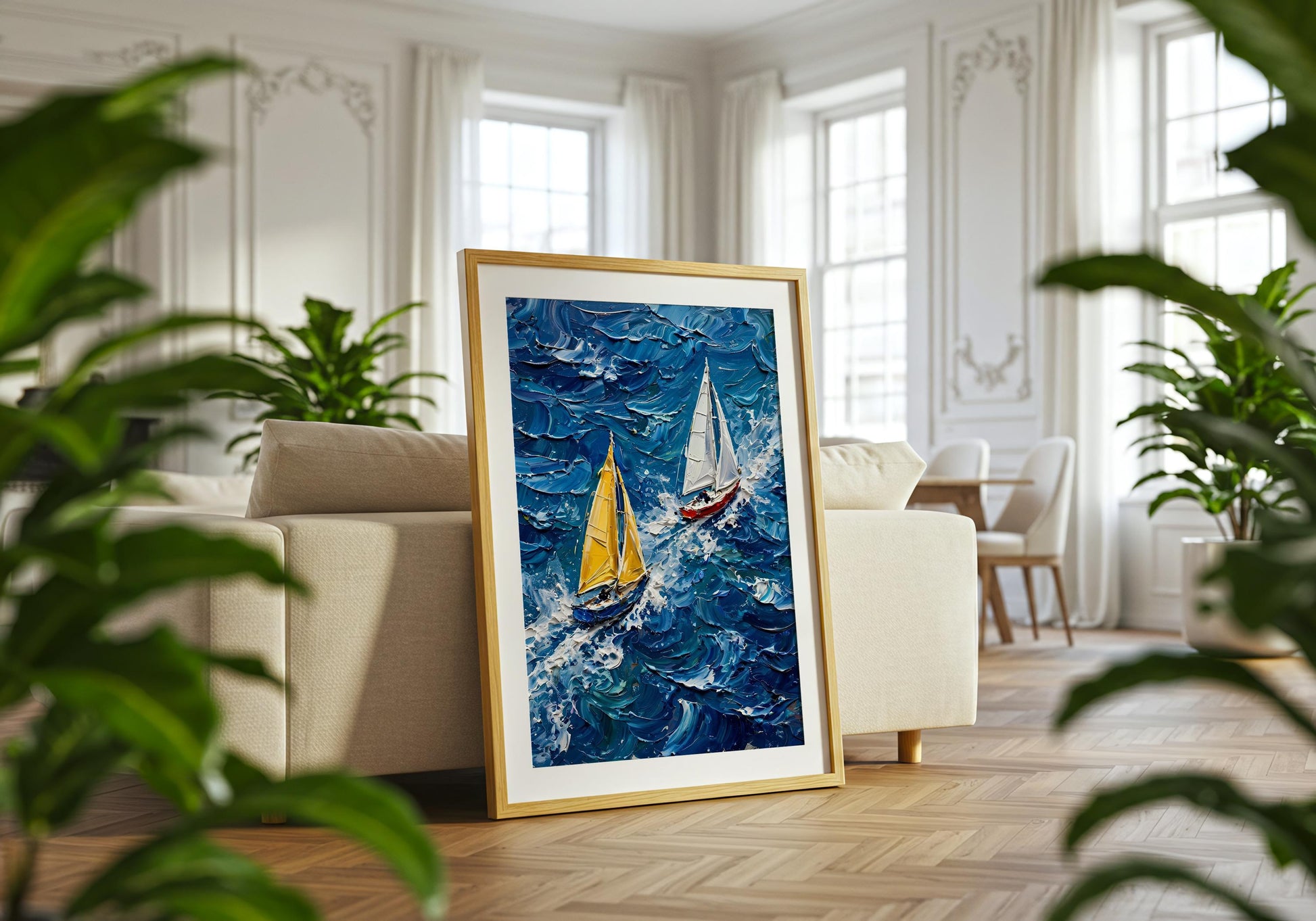 Fine art seascape print with racing yachts and dramatic textured ocean brushstrokes.