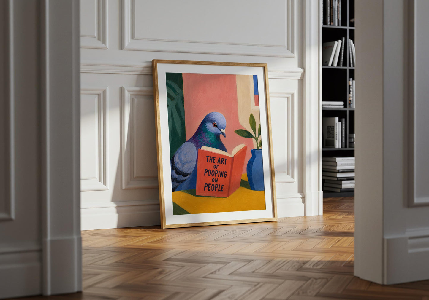 Funny animal poster featuring a pigeon reading a comedy book in a colourful modern setting.