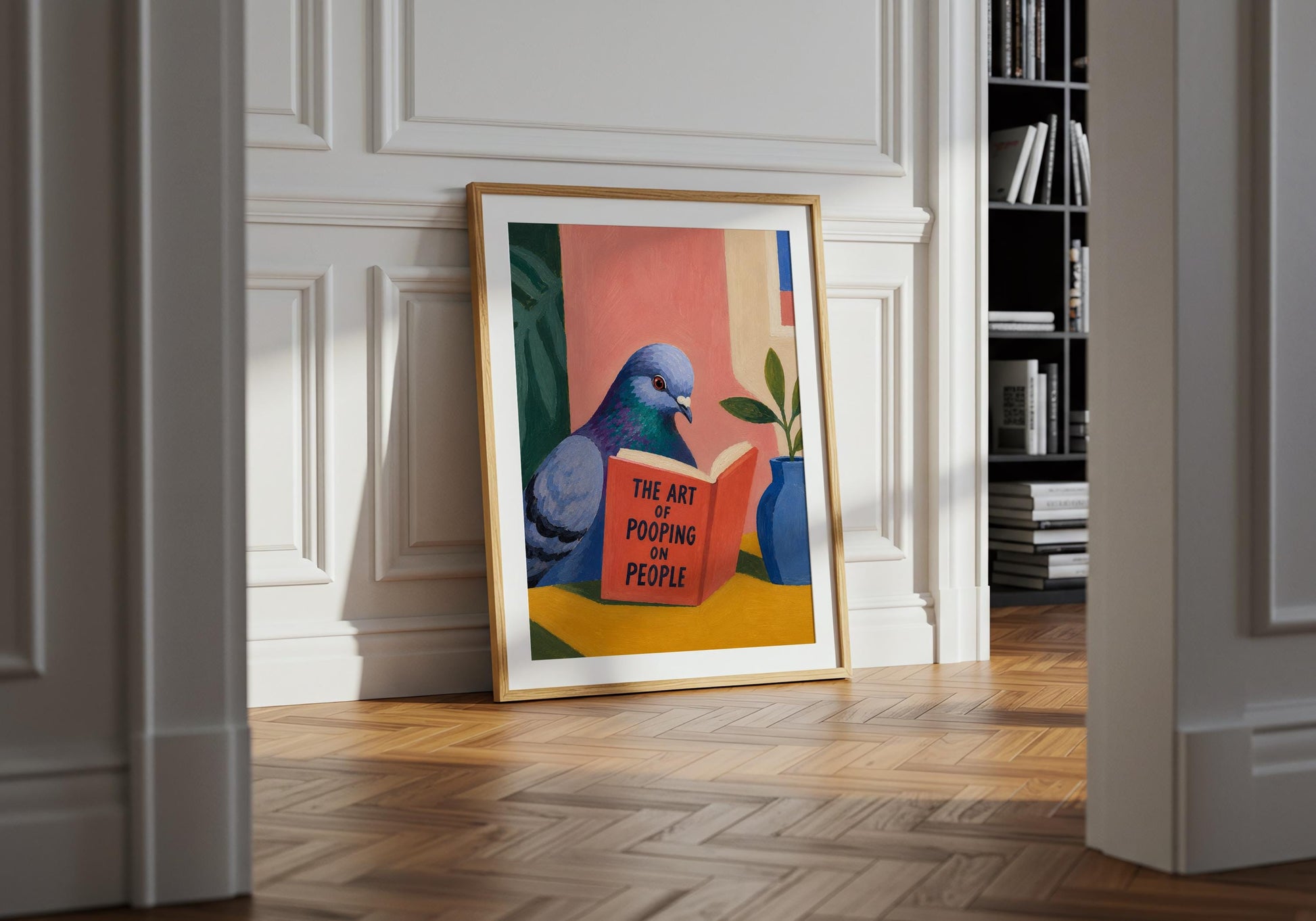 Funny animal poster featuring a pigeon reading a comedy book in a colourful modern setting.