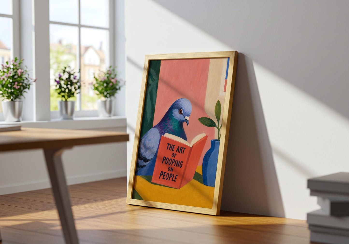 Humorous bird print with a pigeon reading a sarcastic novelty book for quirky home decor.