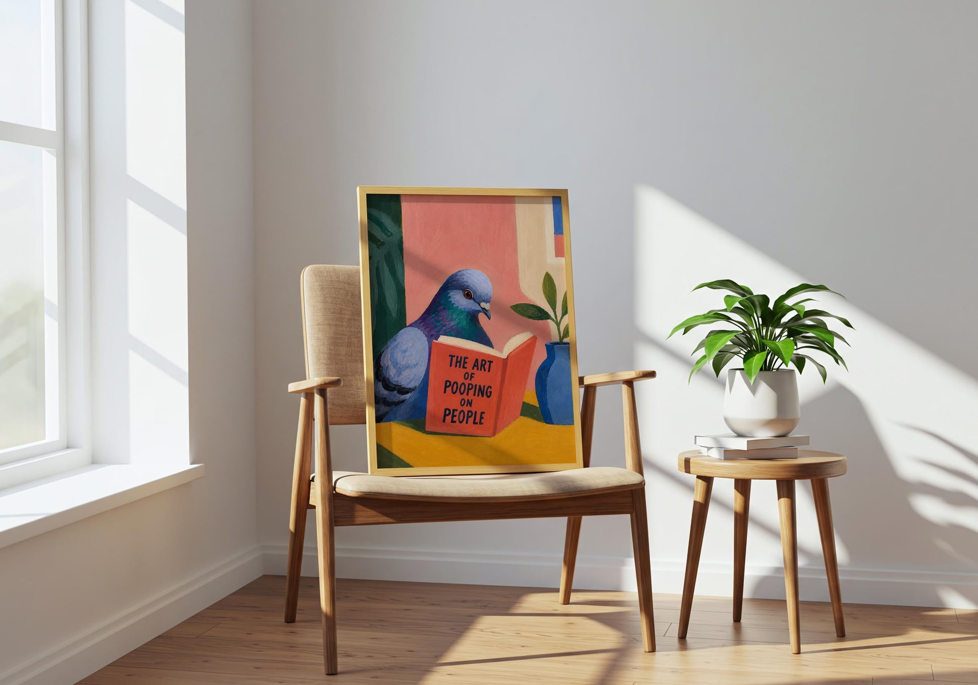Humorous bird artwork with modern illustration style and colourful contemporary design.