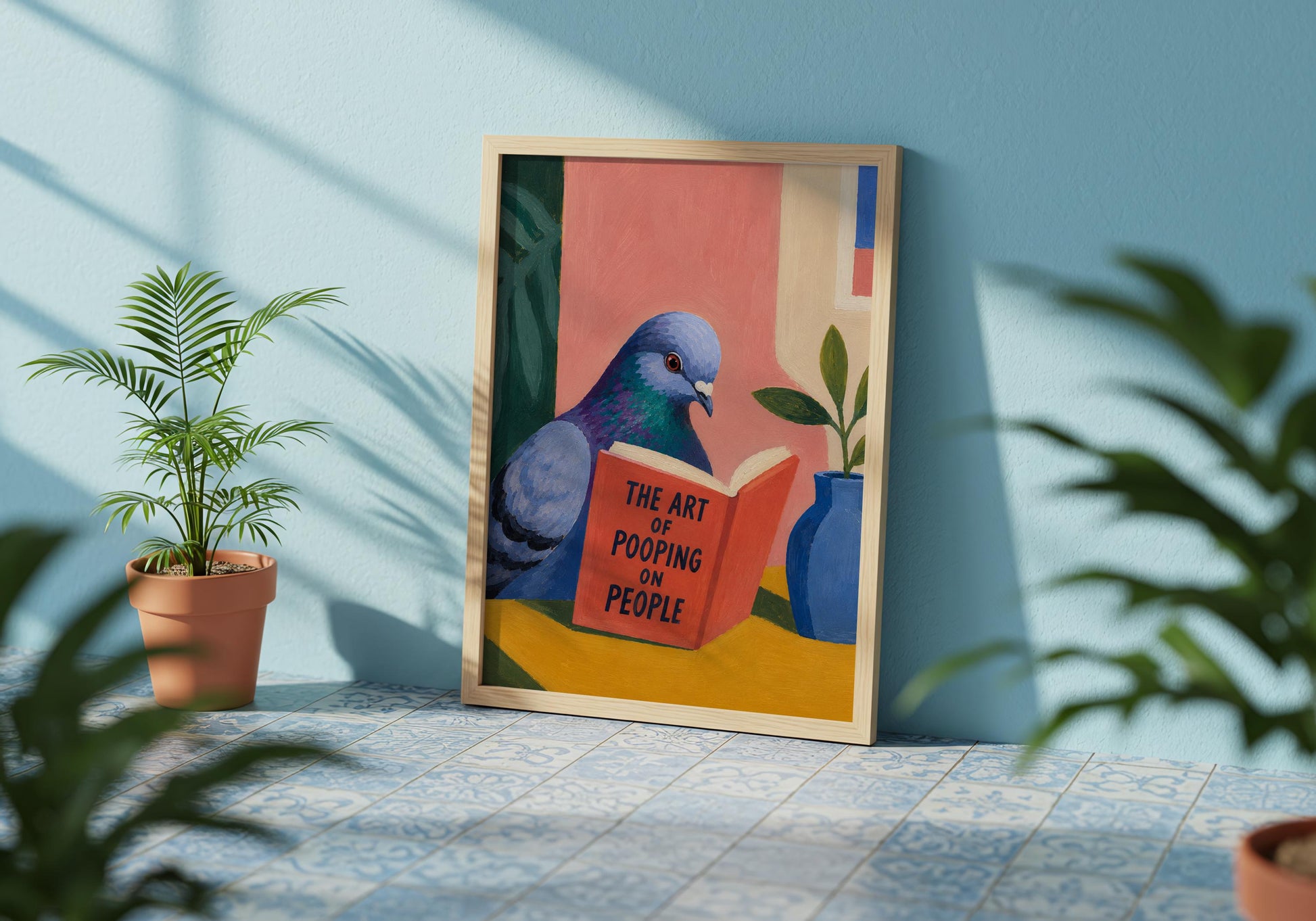Funny wall art featuring a curious pigeon and humorous book cover illustration.