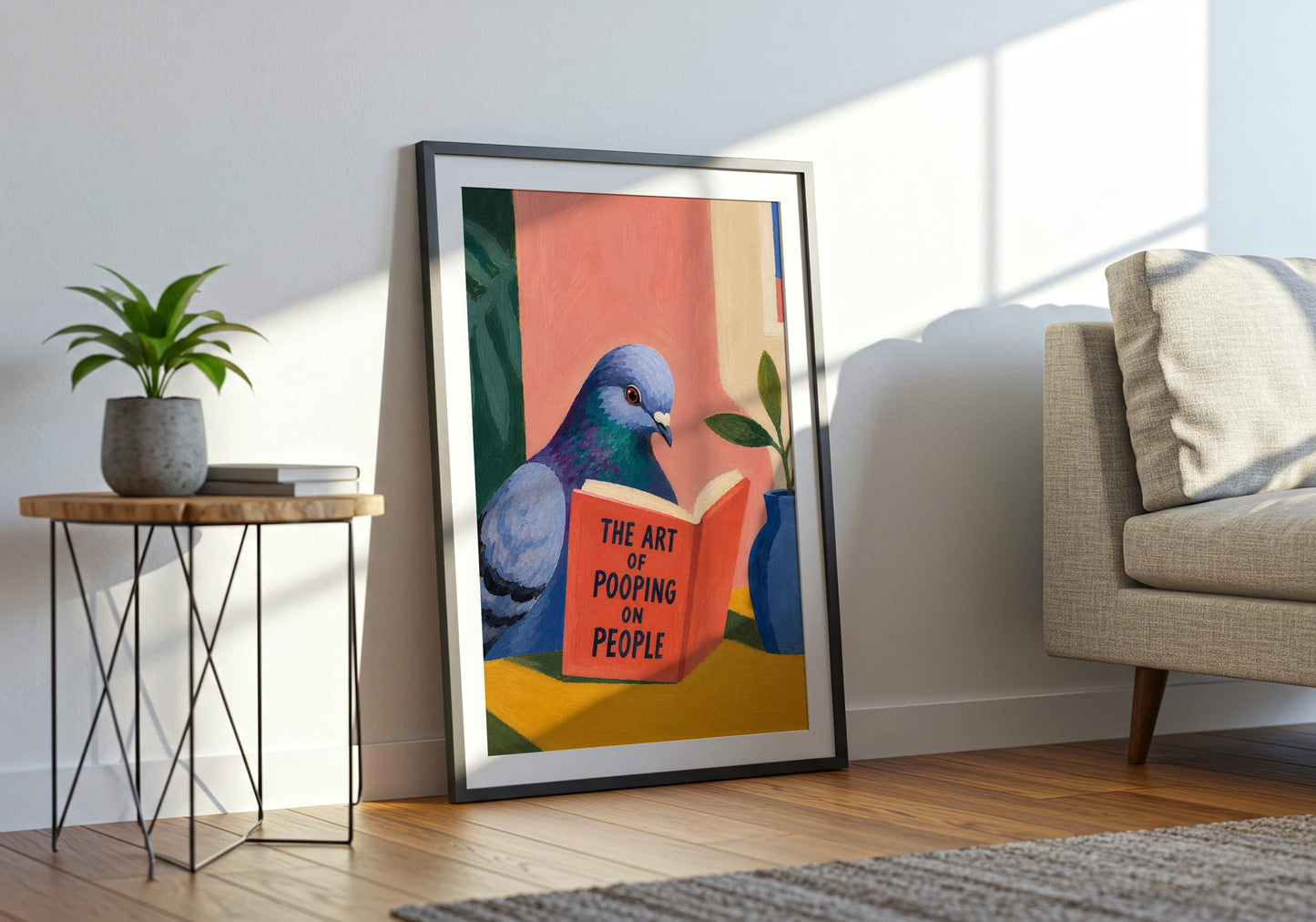 Funny pigeon gift idea featuring a playful bird reading a comedy book.