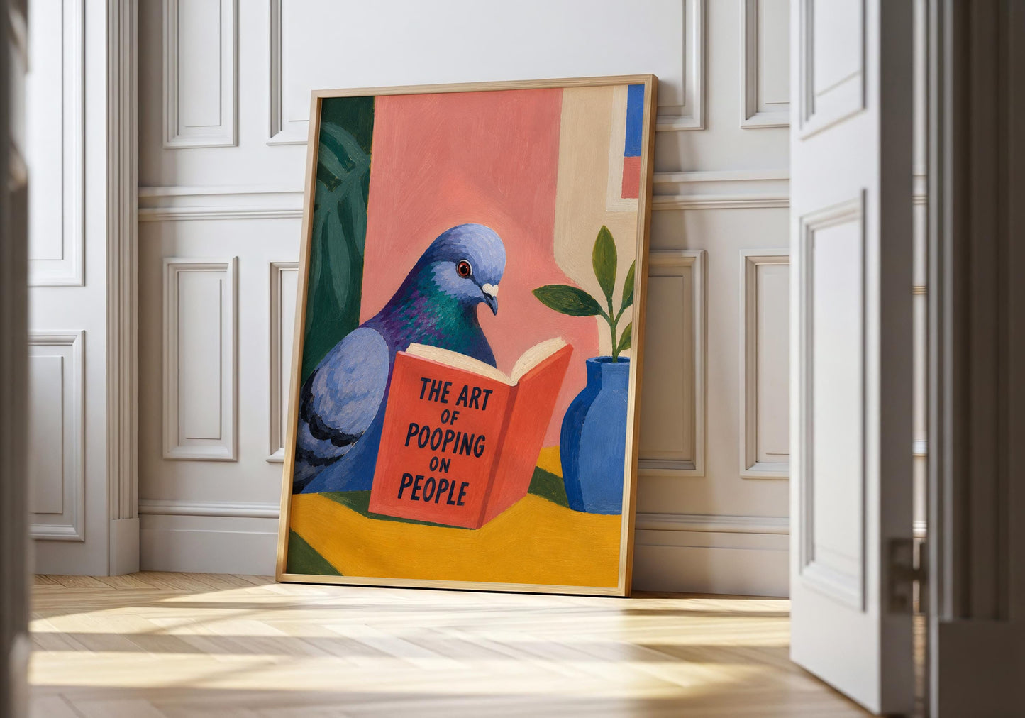 Funny pigeon wall art featuring a pigeon reading The Art of Pooping on People book.