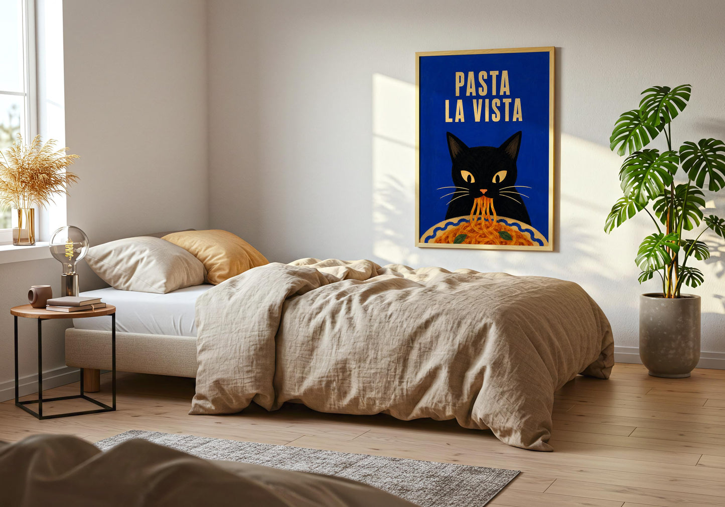 Pasta La Vista print with black cat enjoying spaghetti for quirky kitchen decor.
