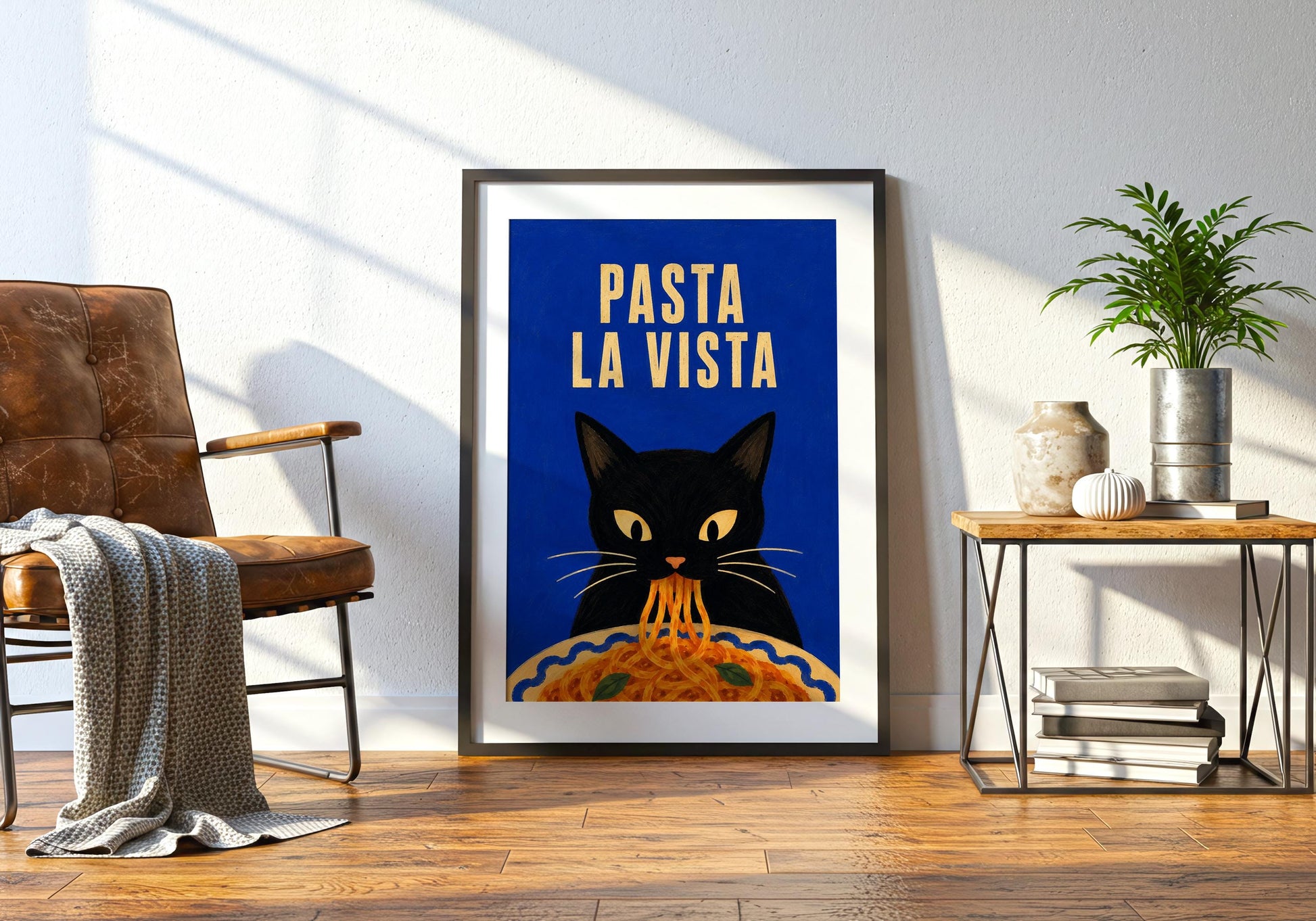 Modern cat wall art with Pasta La Vista typography for colourful home decor.