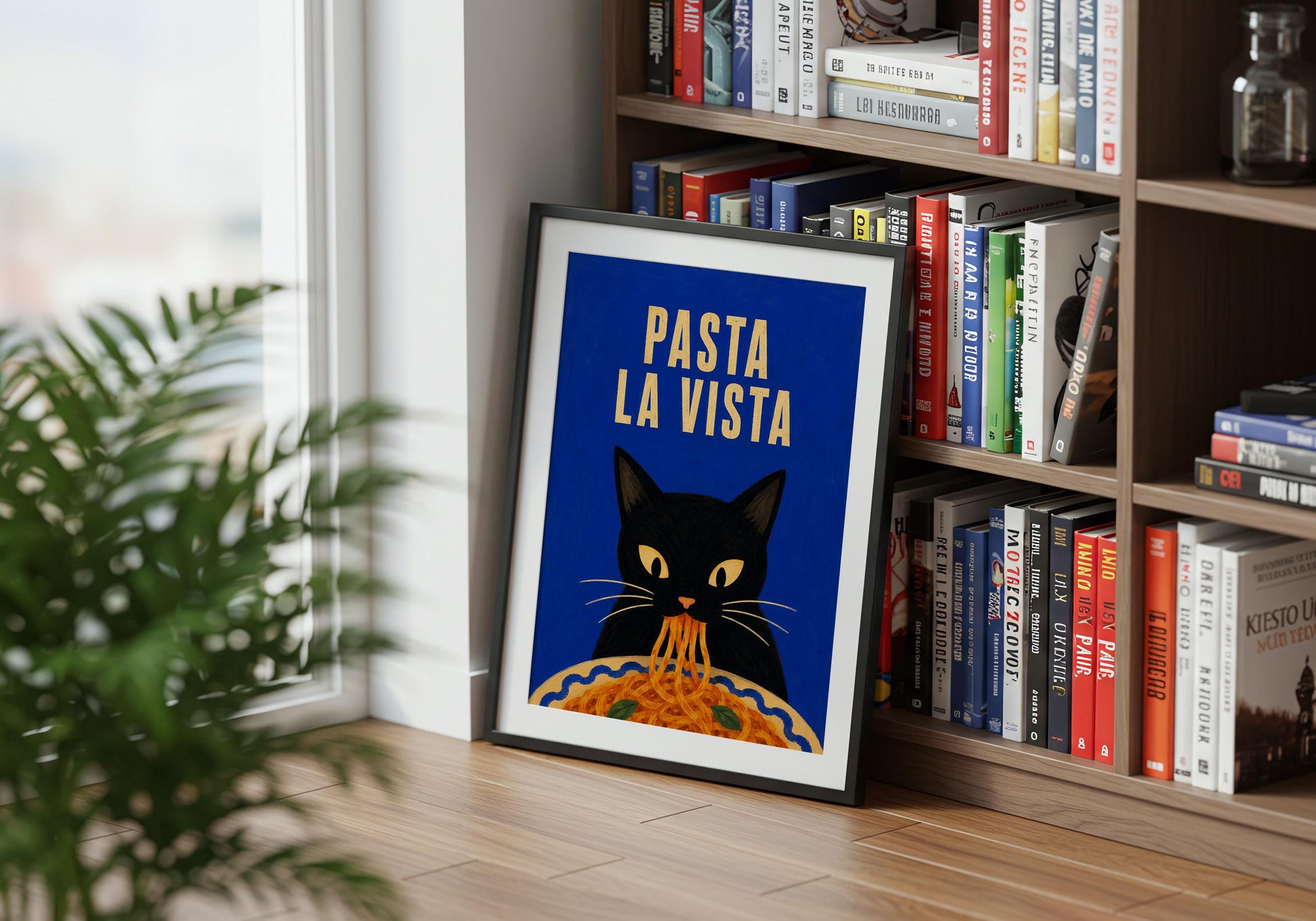 Funny foodie wall art featuring a black cat slurping pasta from a bowl.