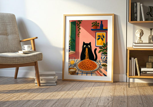 Mediterranean kitchen print featuring a colourful black cat and spaghetti dinner.