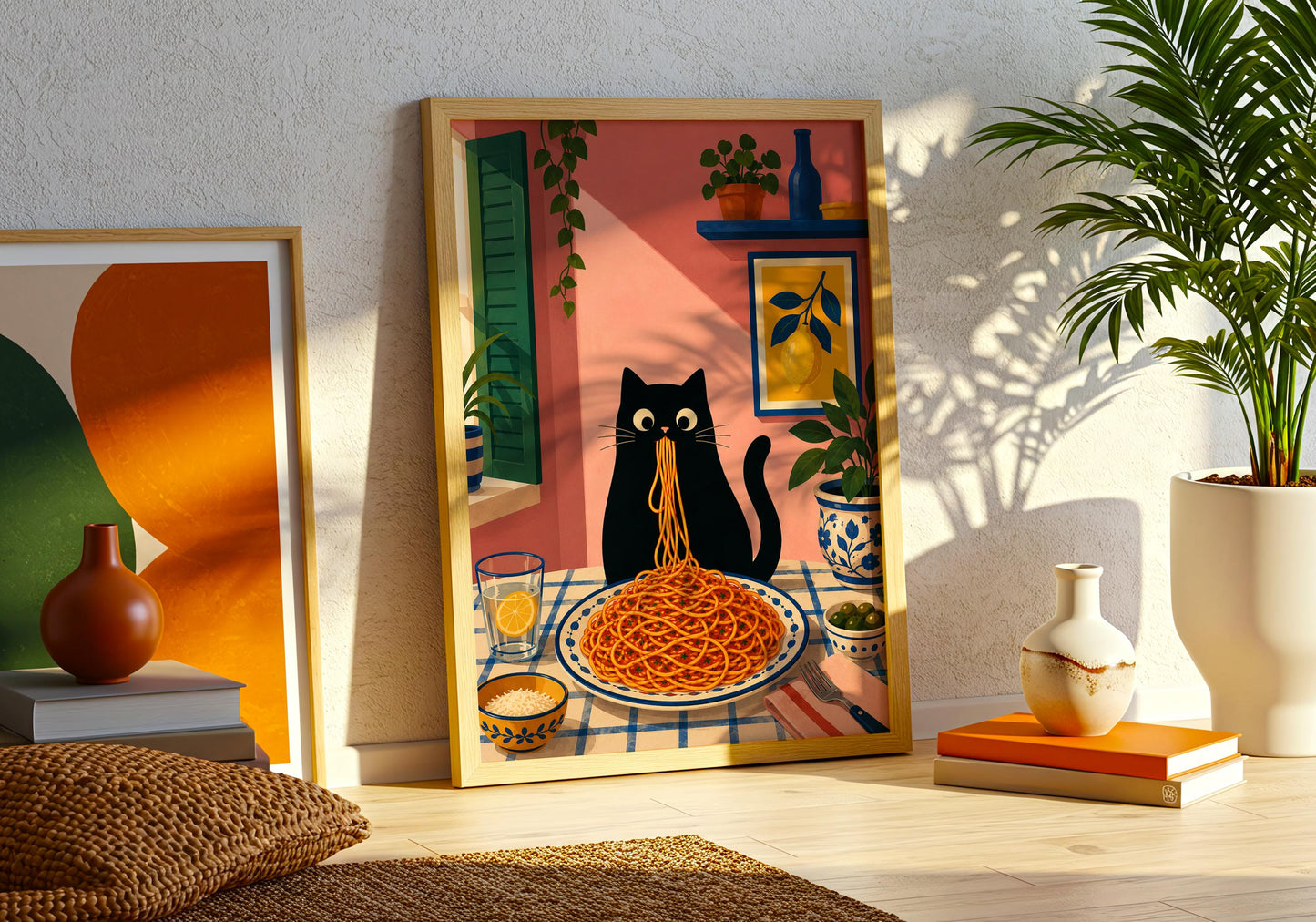 Colourful black cat artwork inspired by Italian trattorias and Mediterranean interiors.
