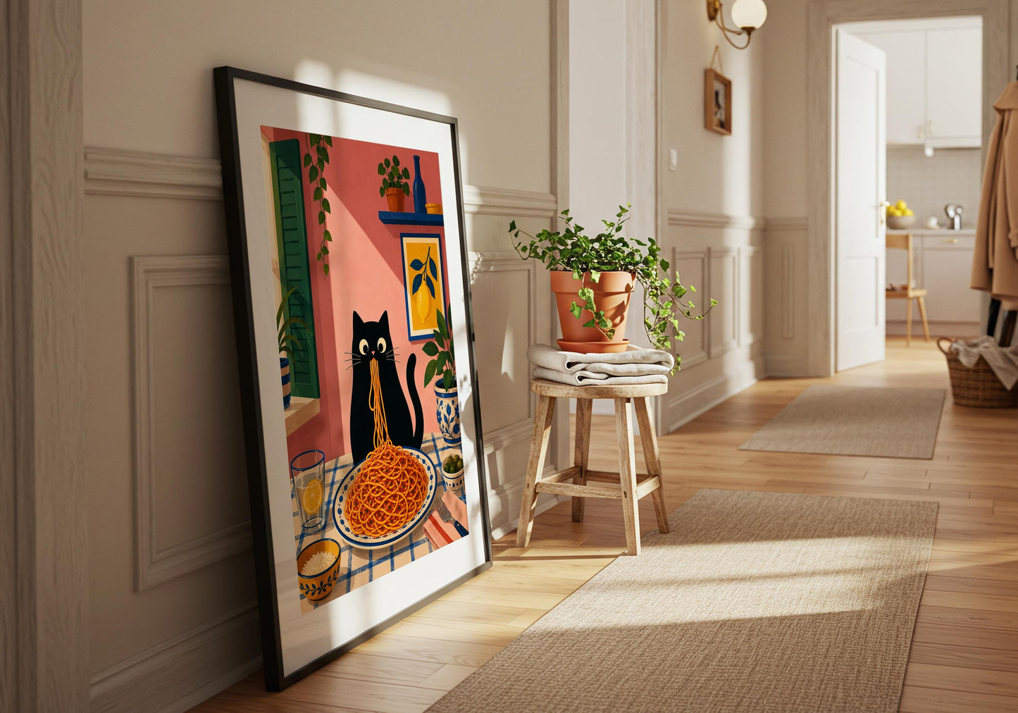 Cat lover gift featuring colourful Italian-inspired kitchen artwork.