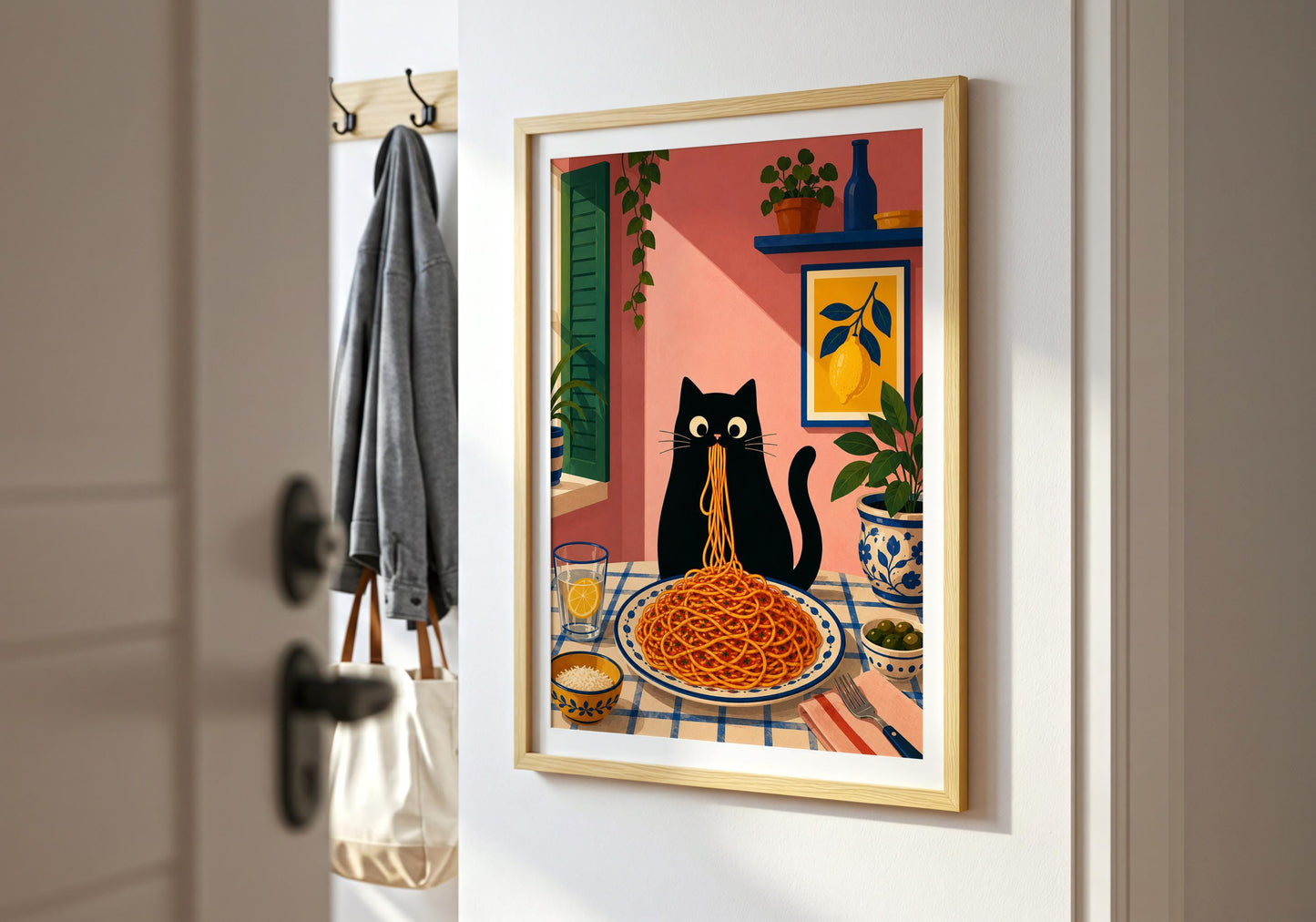 Modern kitchen wall art featuring a black cat eating pasta at a dining table.