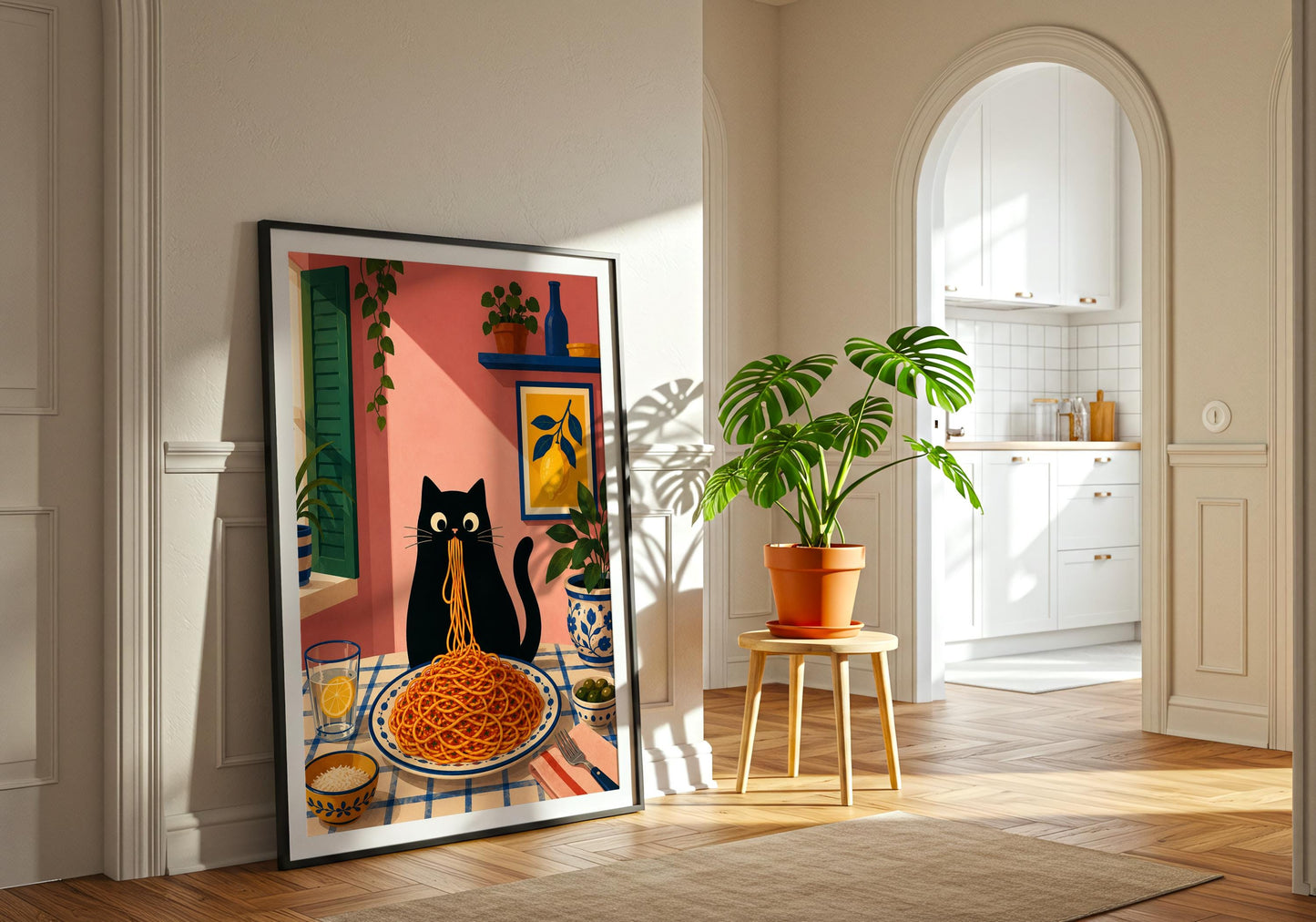 Dining room wall decor with black cat enjoying spaghetti in a bright Mediterranean setting.