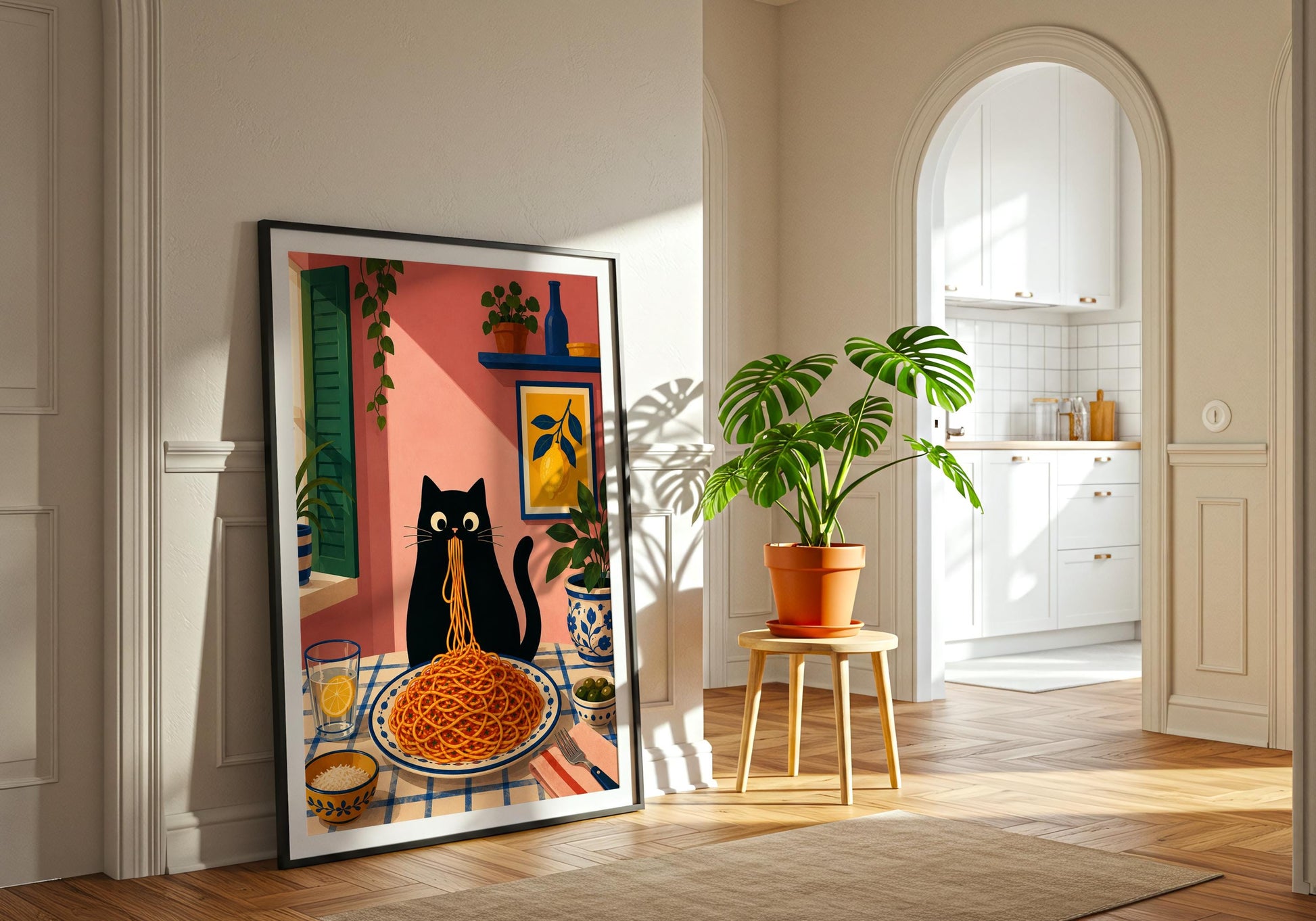 Dining room wall decor with black cat enjoying spaghetti in a bright Mediterranean setting.