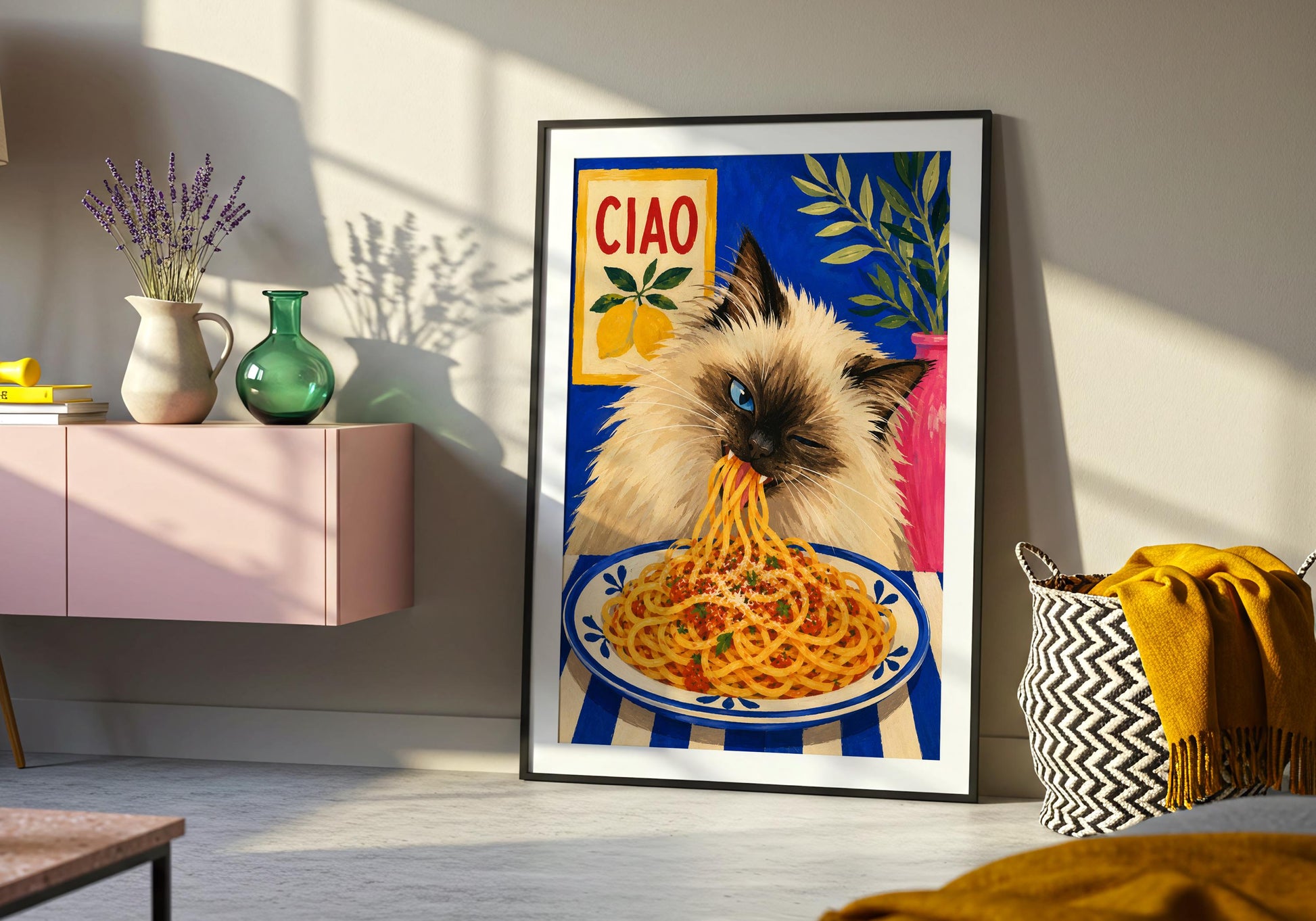 Cute cat kitchen print inspired by Mediterranean dining and Italian home decor.