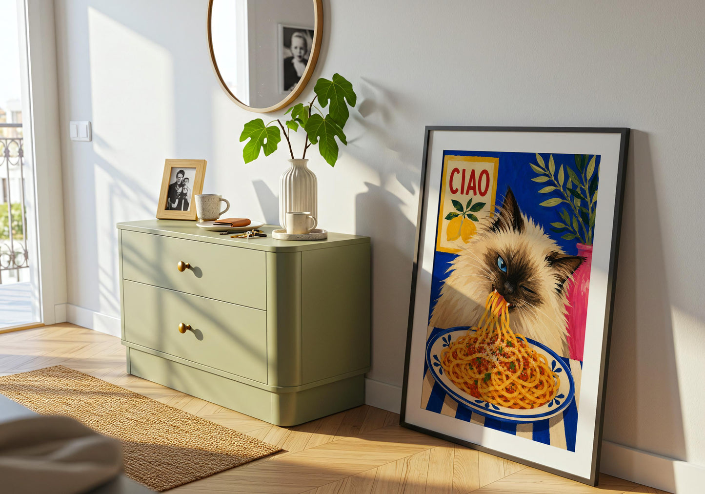Italian kitchen decor with a fluffy cat enjoying a plate of pasta beneath a Ciao sign.