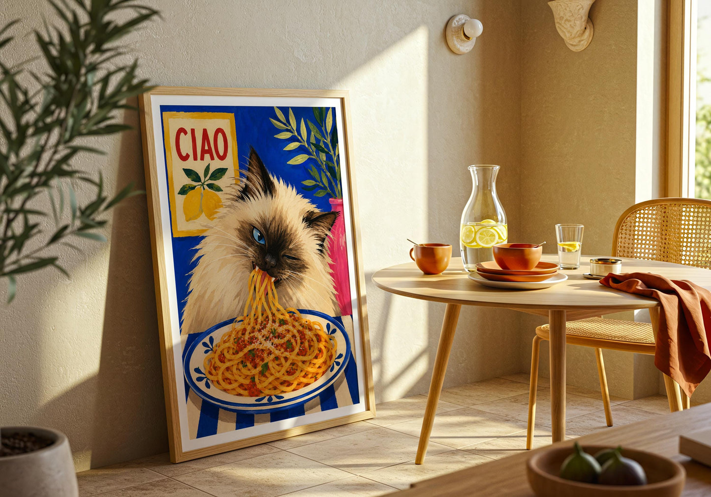 Blue-eyed cat artwork perfect for kitchens, dining rooms and breakfast nooks.