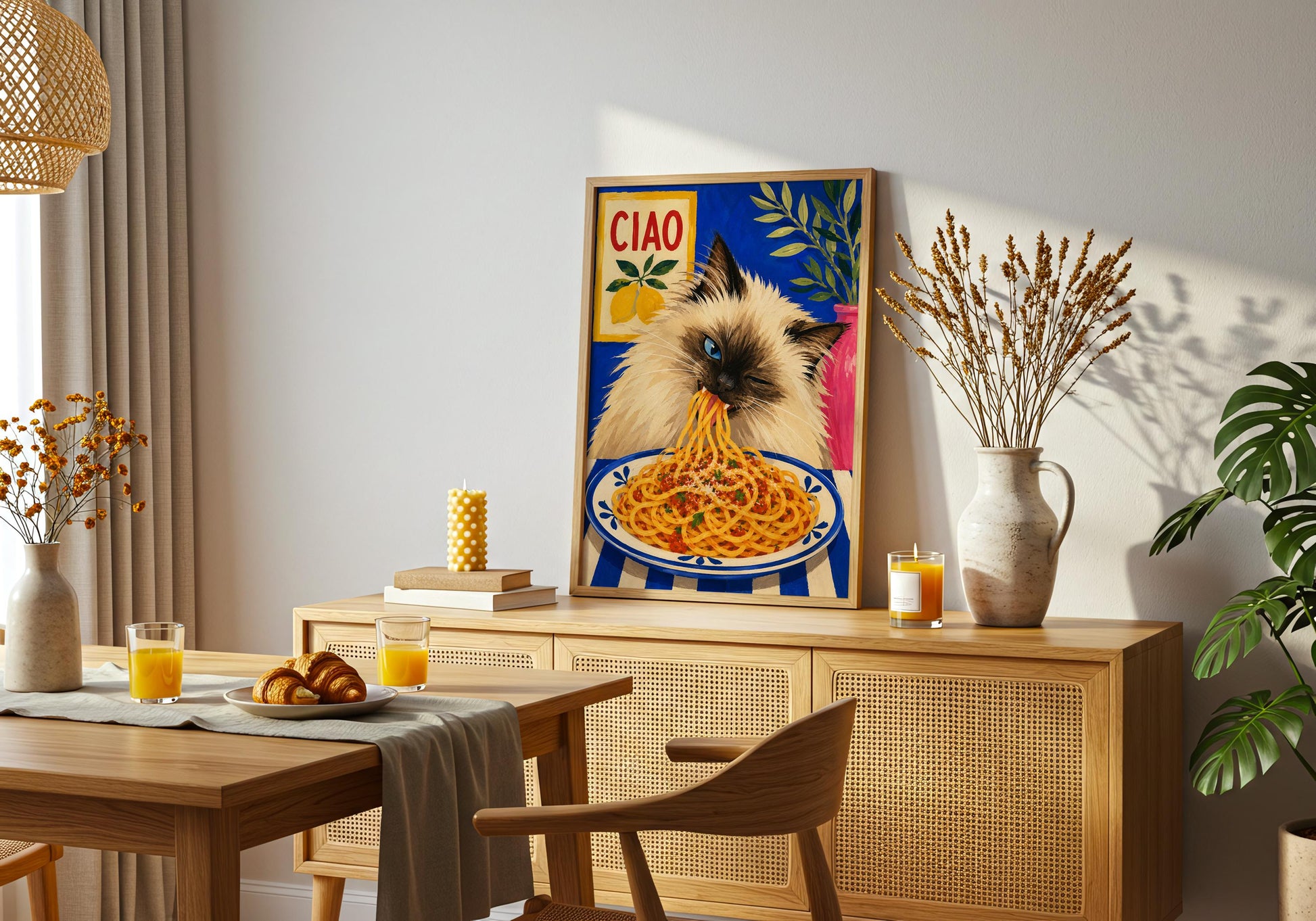 Spaghetti cat print featuring a fluffy long-haired cat eating pasta.