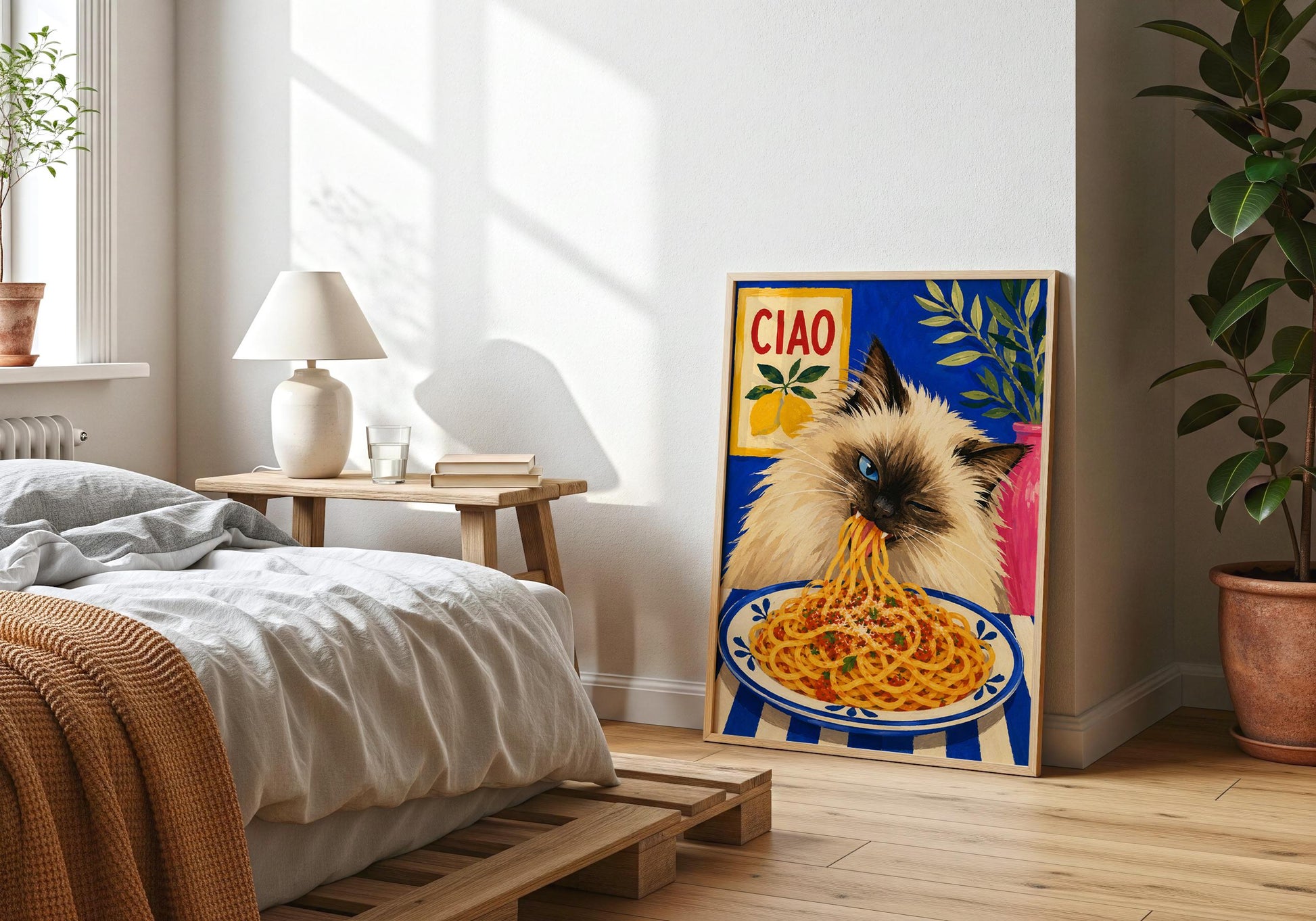 Mediterranean kitchen poster with fluffy cat and pasta illustration.