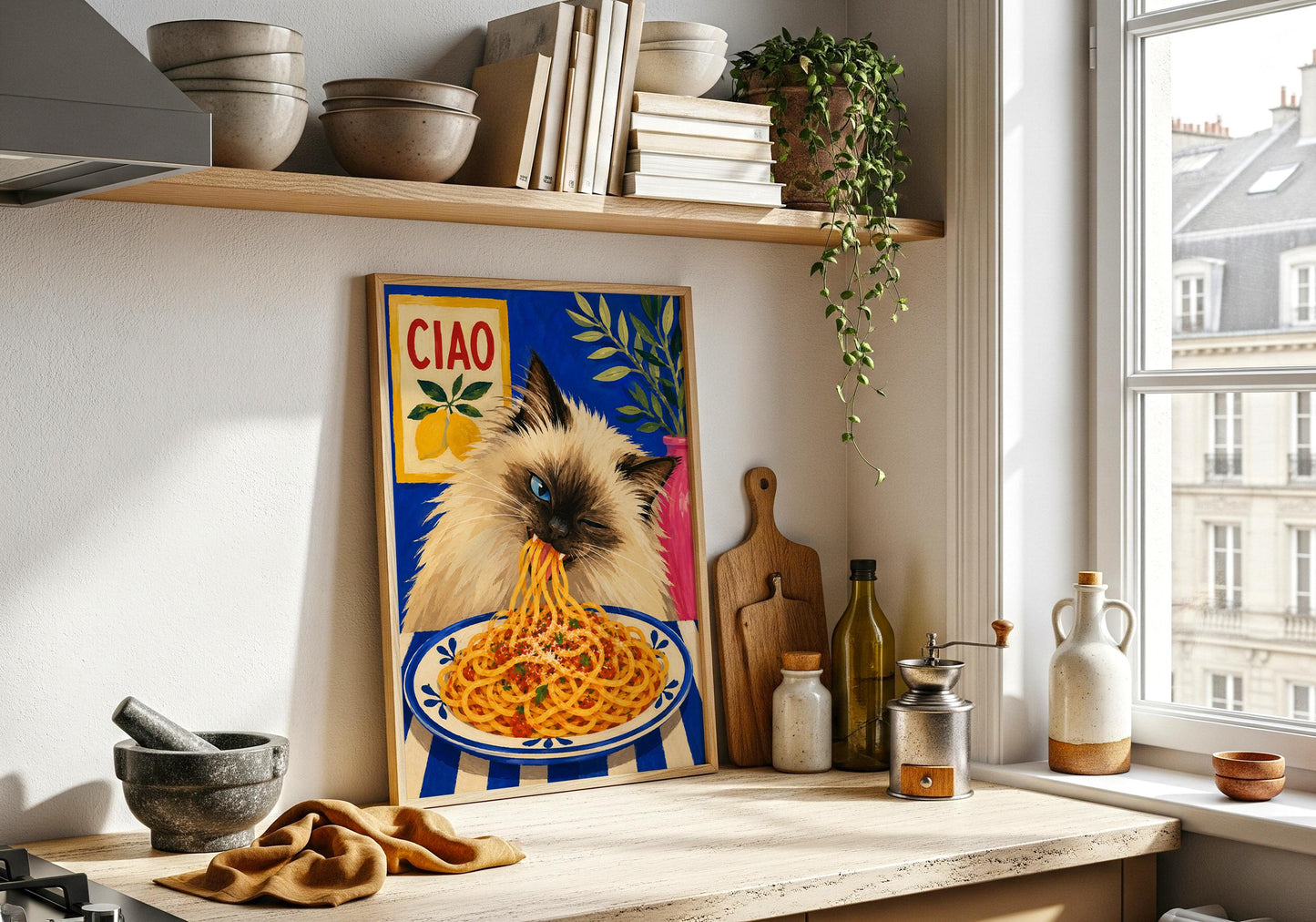 Food-themed cat wall art perfect for colourful kitchen interiors.