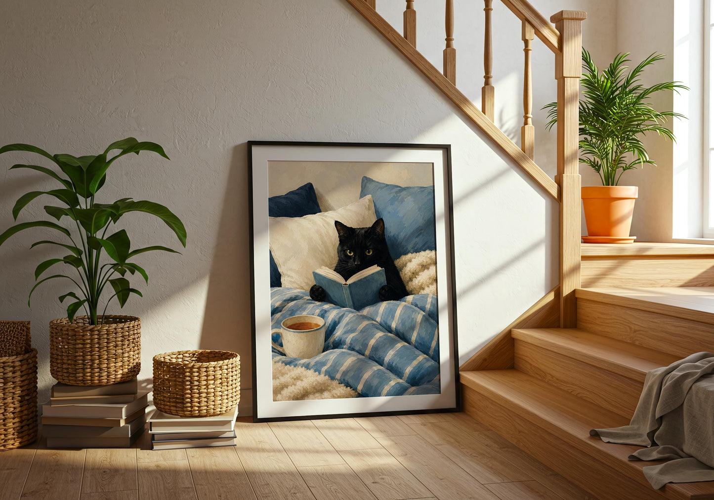 Reading cat wall art with a black cat holding a book, perfect for library decor and reading nook inspiration.
