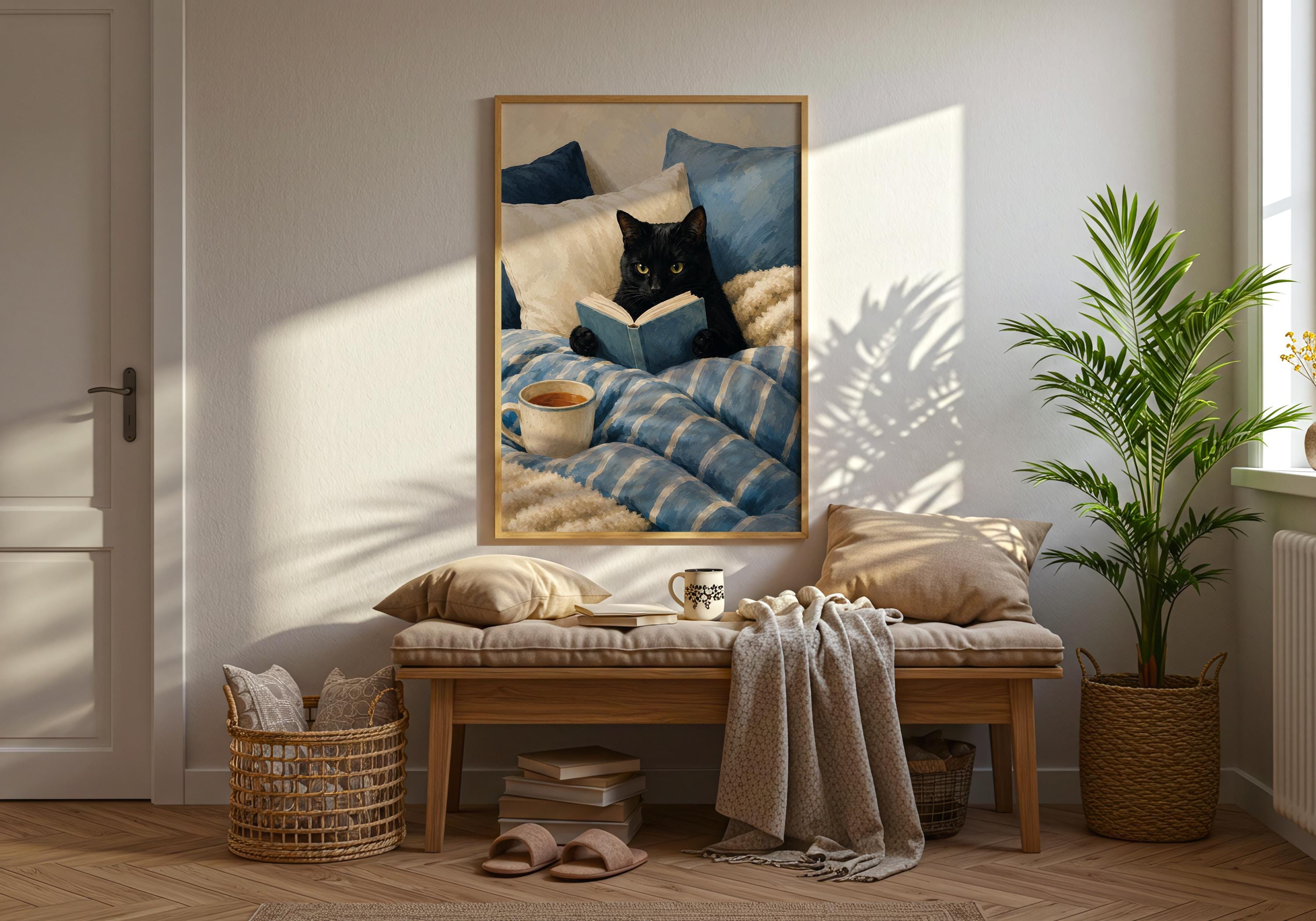 Whimsical black cat artwork showing a cozy reading scene with coffee, ideal for bookish home decor.
