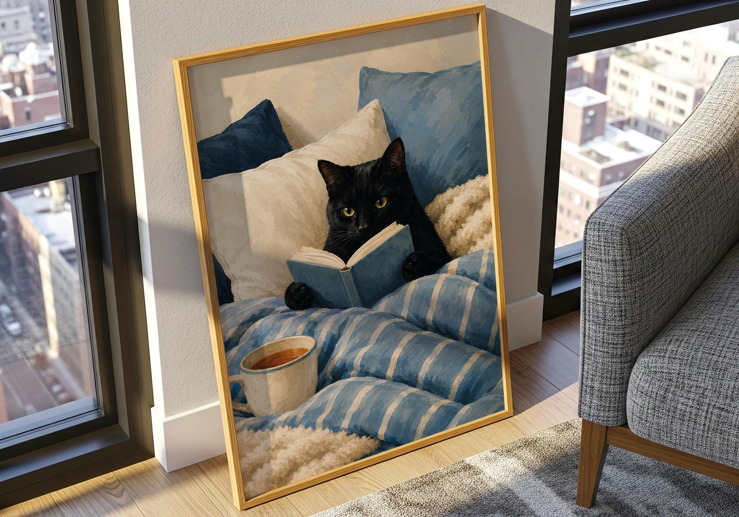 Book lover wall art featuring a black cat reading in bed with blue bedding and a cozy morning atmosphere.
