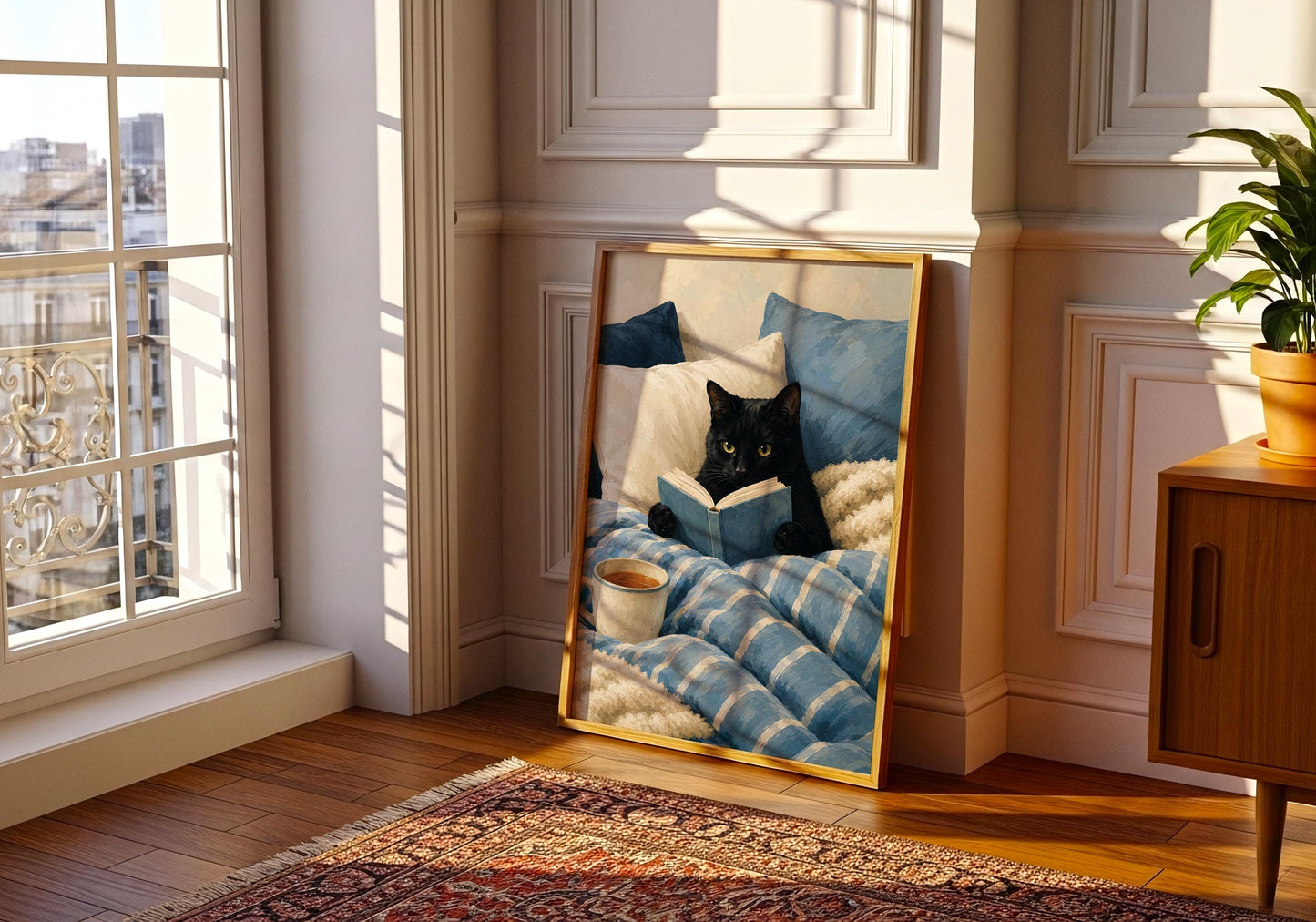 Literary cat wall decor with a black cat reading a novel, perfect gift for readers, librarians, and cat lovers.