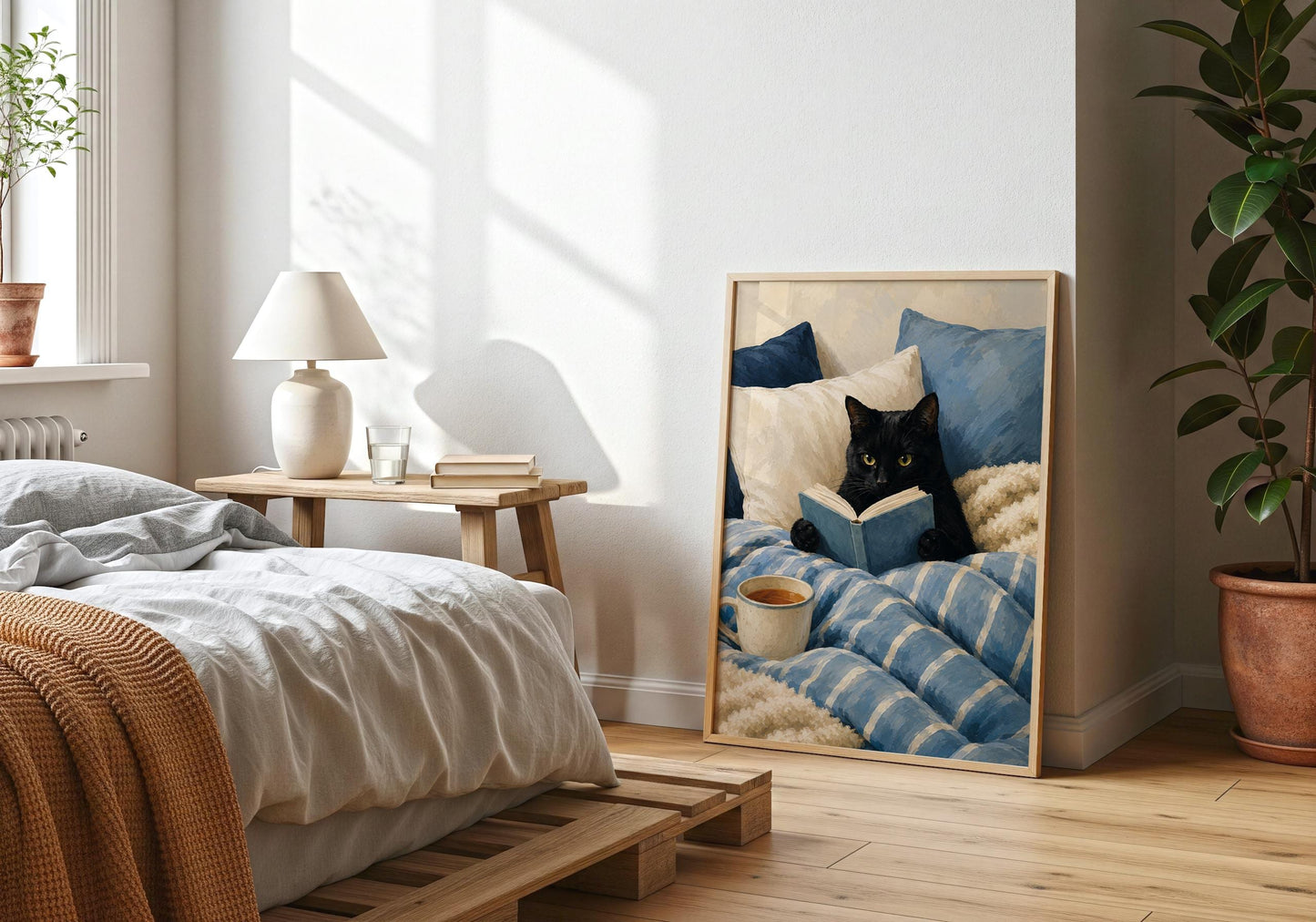Cozy reading nook art featuring a black cat with a book and coffee, painted in soft blue and neutral tones.