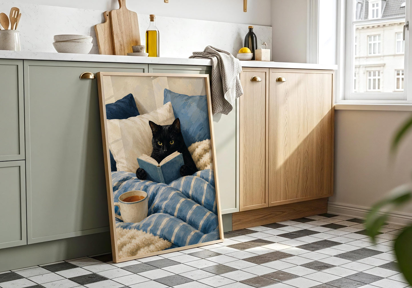Blue and neutral black cat wall art with a reading theme, perfect for modern, Scandinavian, and cottagecore decor.