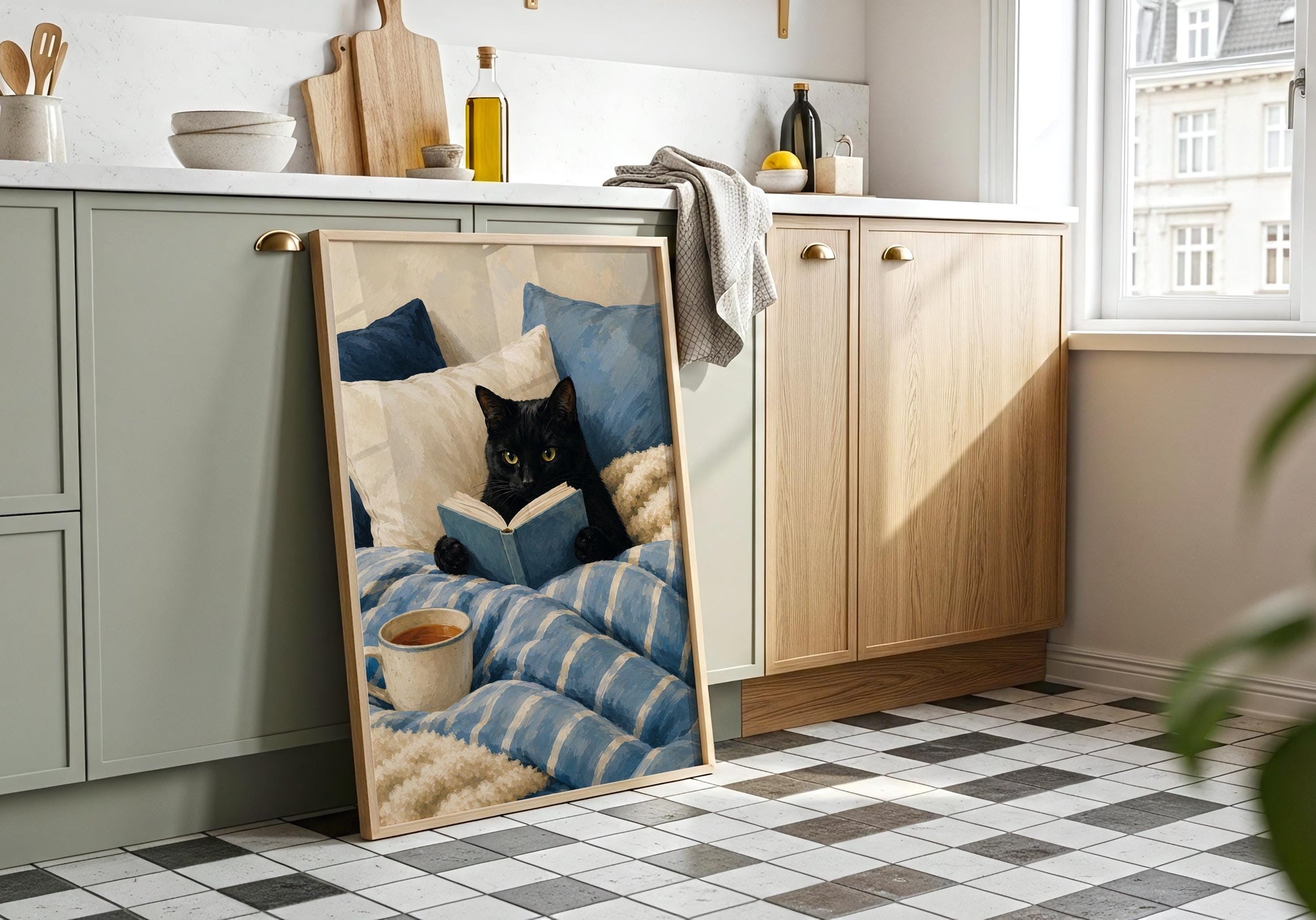 Blue and neutral black cat wall art with a reading theme, perfect for modern, Scandinavian, and cottagecore decor.