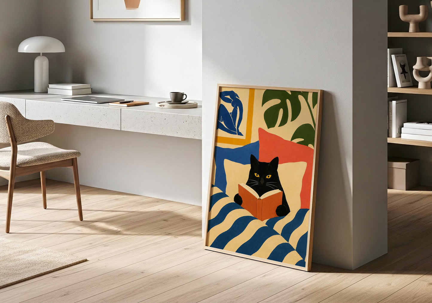 Modern cat wall art featuring a black cat reading surrounded by colorful abstract patterns.