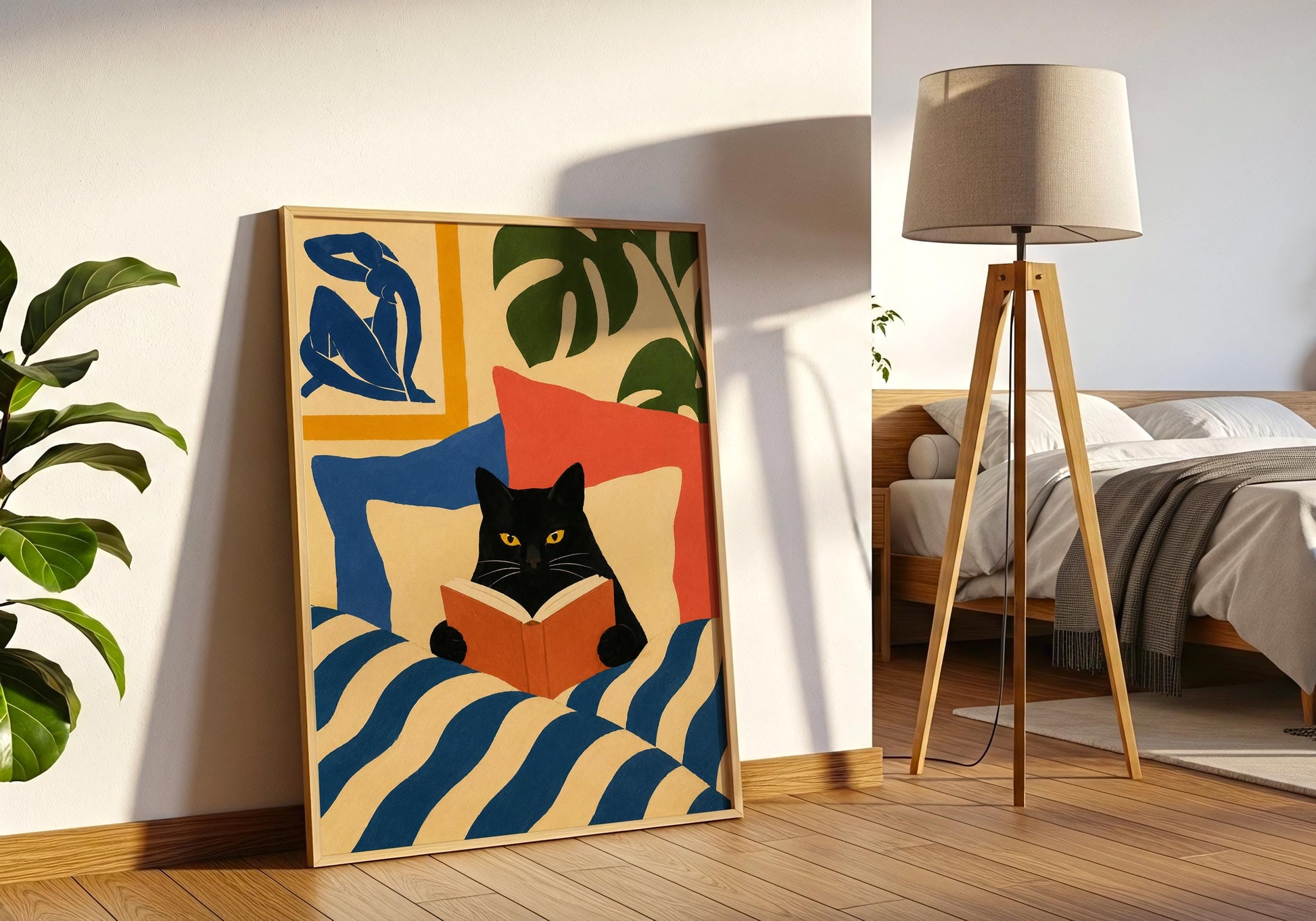 Graphic black cat poster with vibrant abstract design for gallery wall displays.