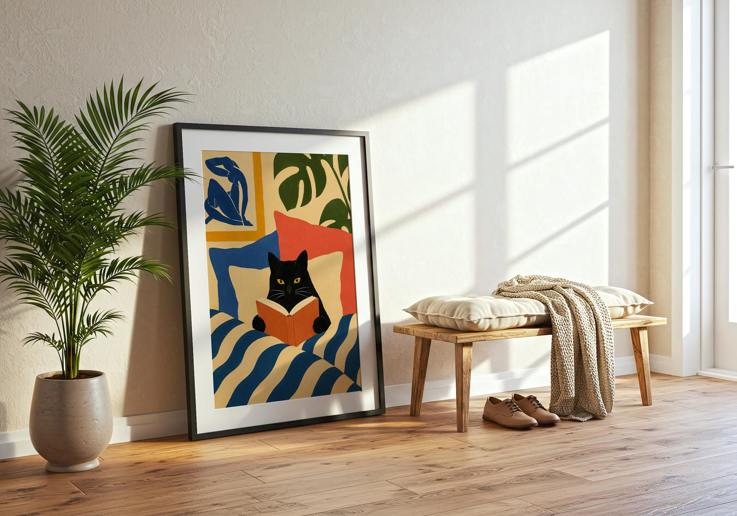 Designer style black cat print perfect for modern living rooms and creative spaces.
