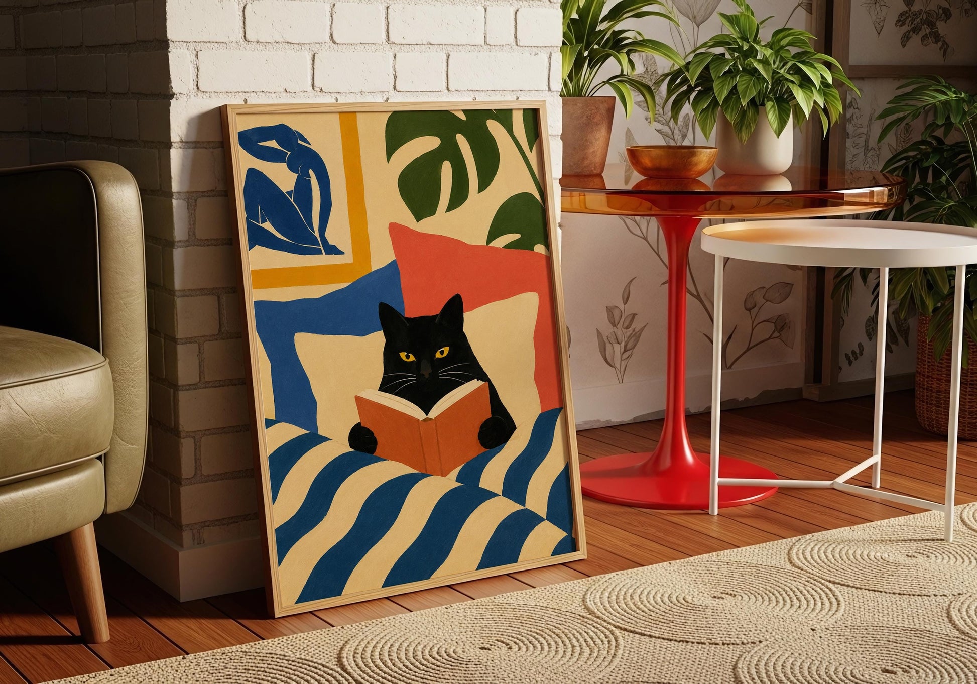 Colorful black cat artwork with bold geometric shapes for contemporary home decor.