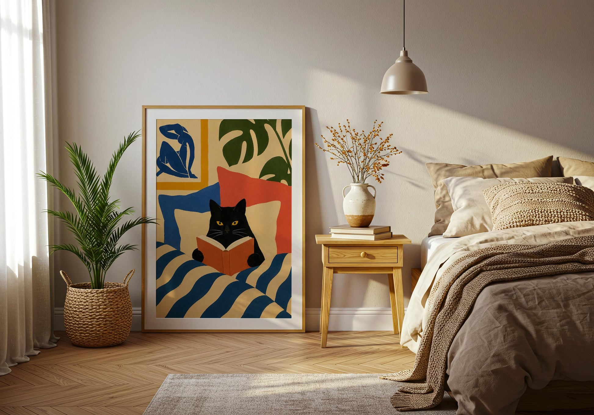 Bold modern black cat wall print combining graphic design with literary charm.