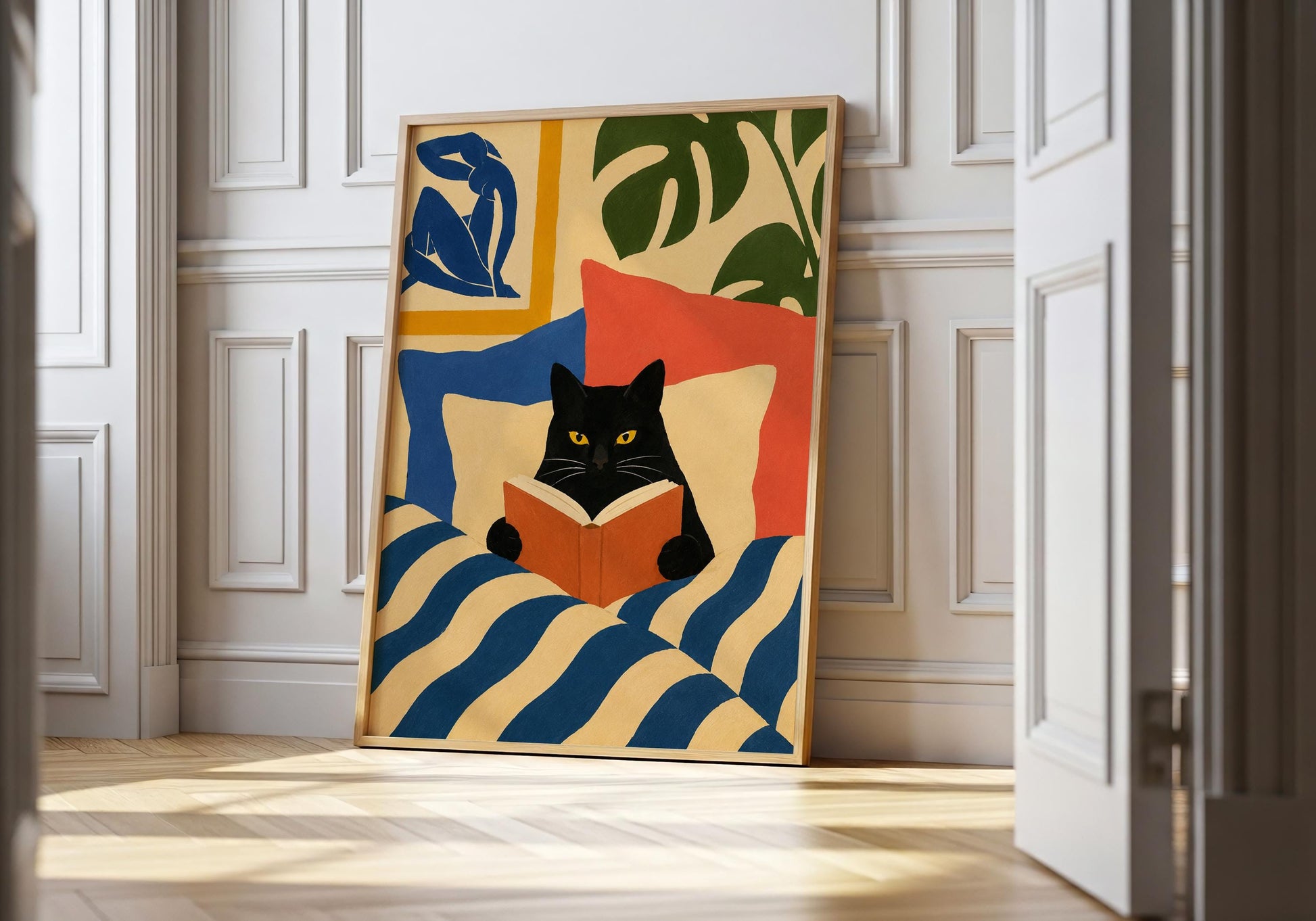 Modern color block artwork featuring a black cat reading an orange book with bold abstract shapes.