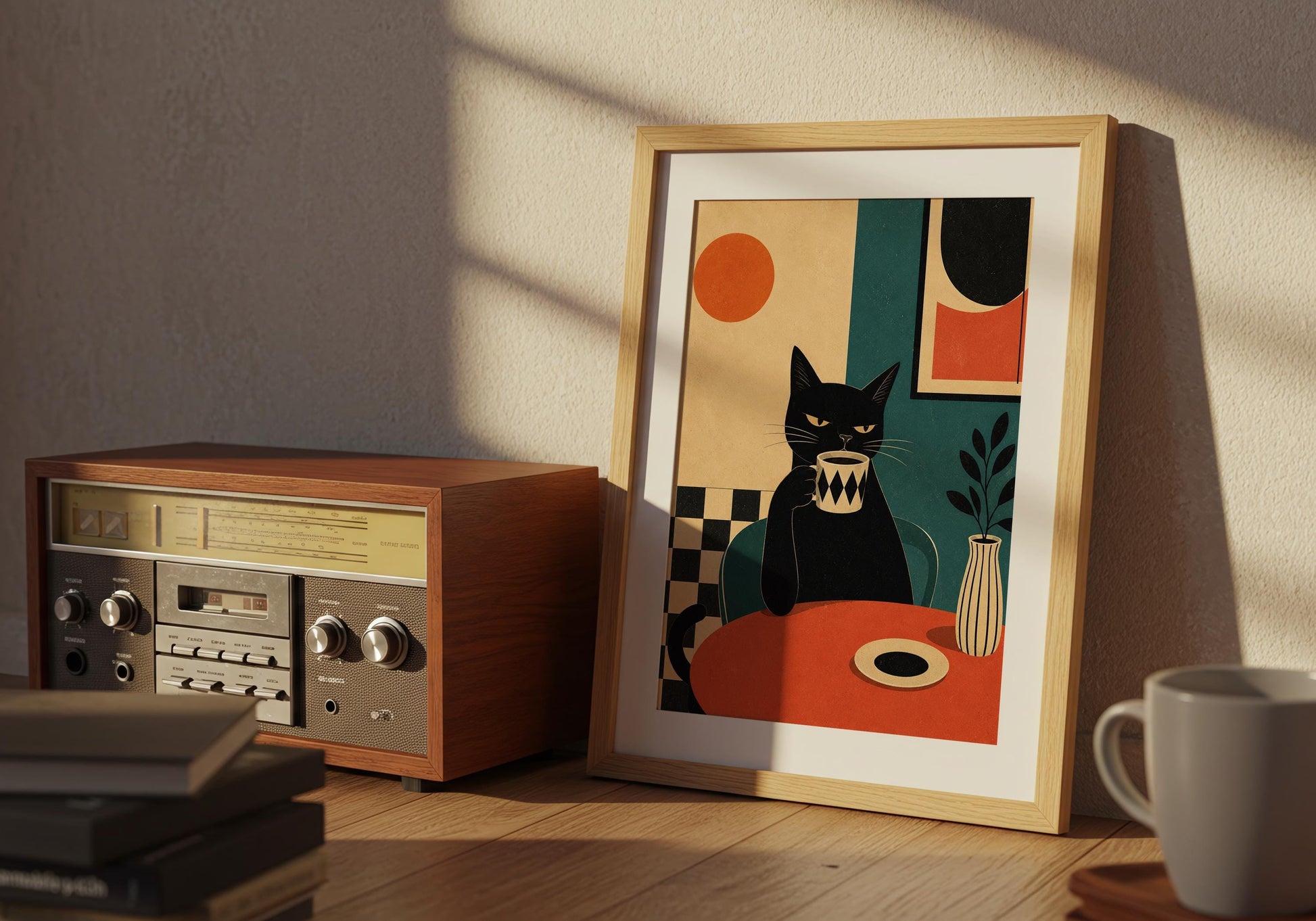 Kitchen wall decor featuring a black cat enjoying coffee in a colorful contemporary setting.
