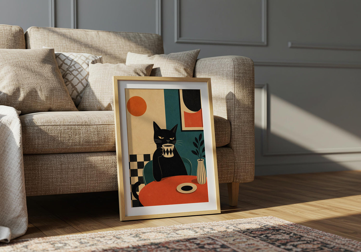 Minimalist cat artwork perfect for coffee stations, cafés, and modern kitchens.