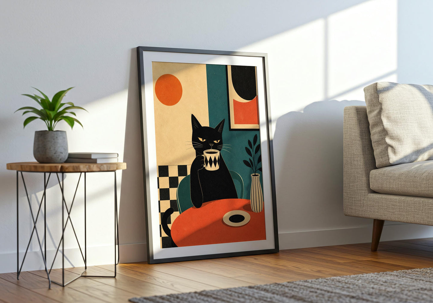Retro inspired black cat coffee poster with bold colors and geometric composition.