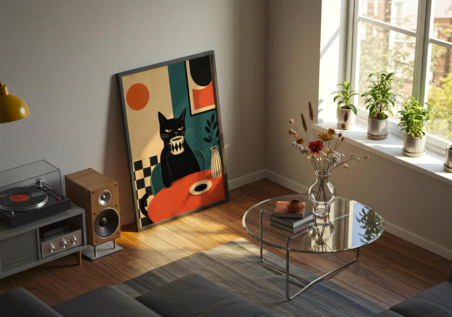 Coffee lover wall art with a black cat and bold mid-century inspired color palette.