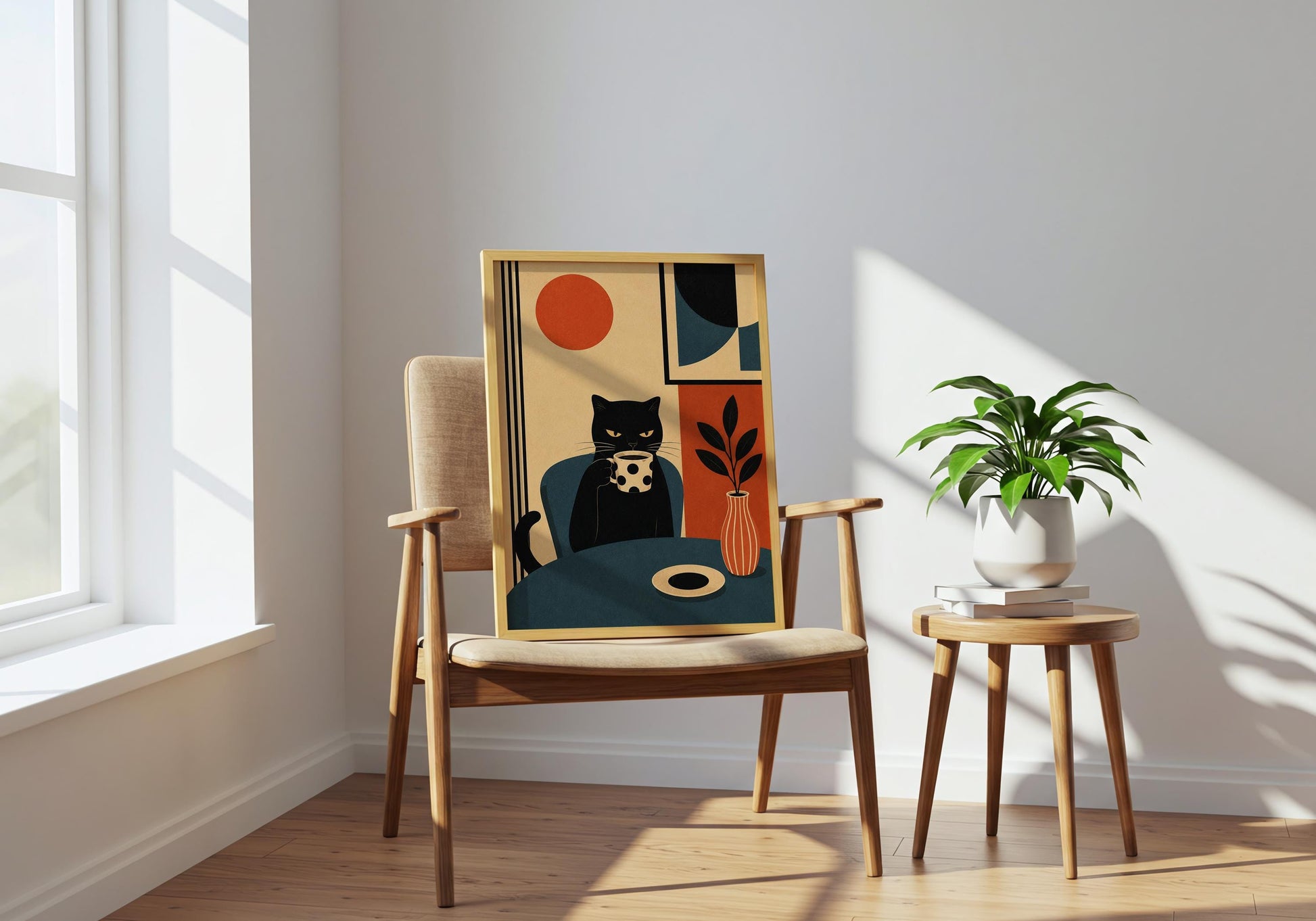 Scandinavian wall art showing a black cat holding a coffee mug in a modern setting.