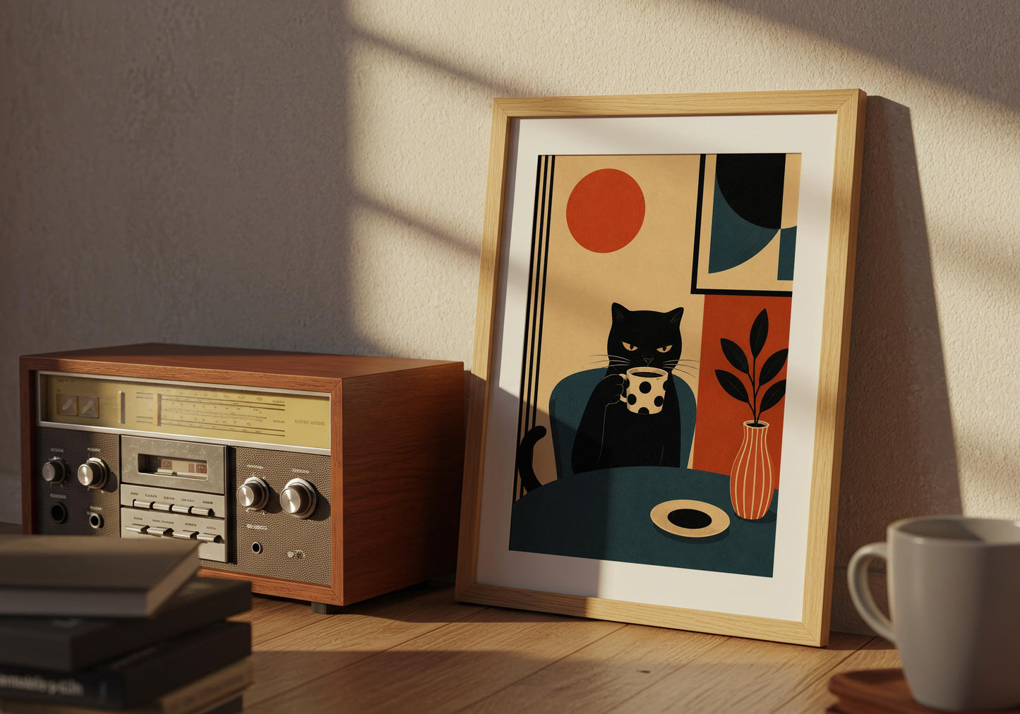 Modern apartment decor with a graphic black cat illustration and geometric artwork.