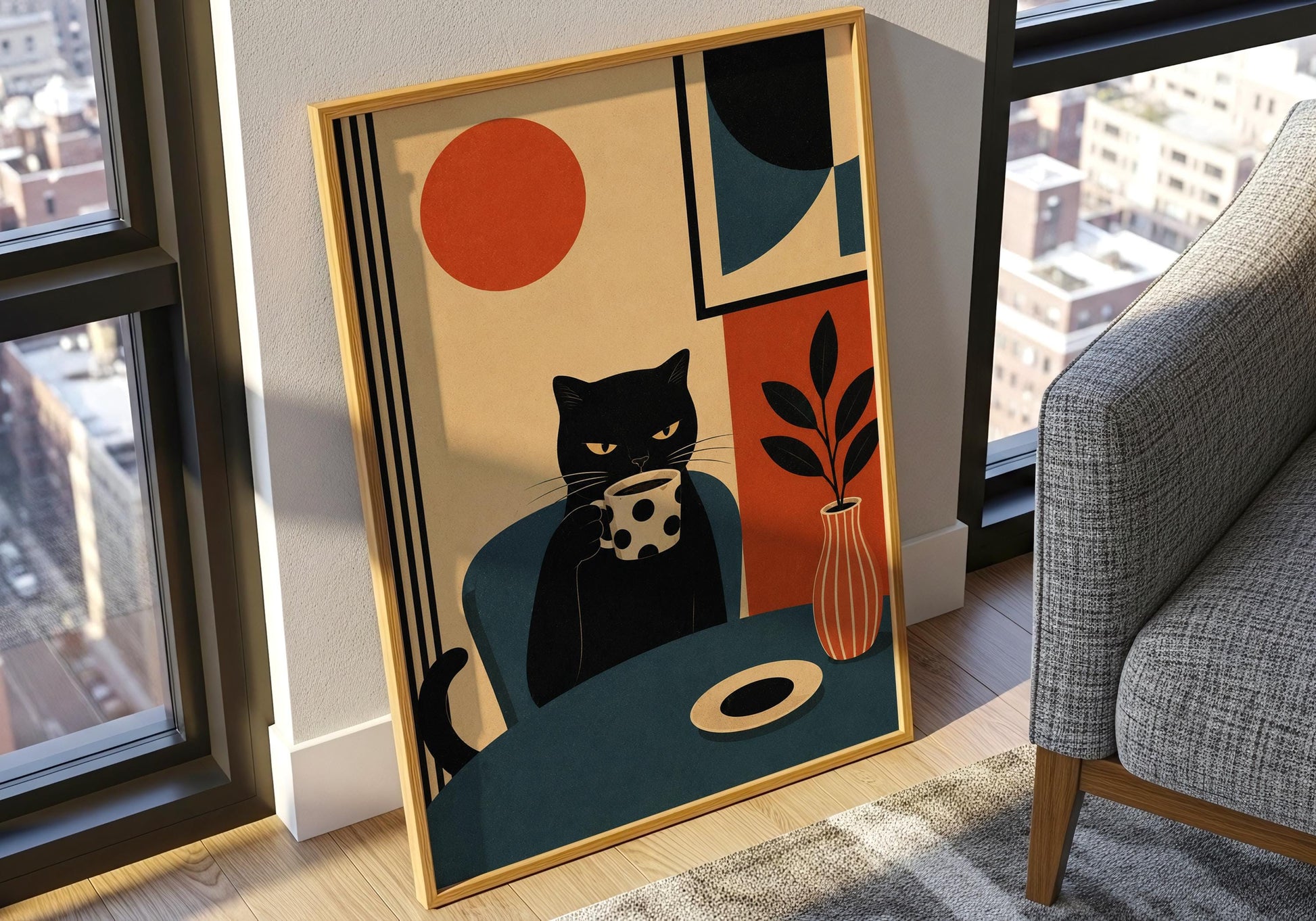 Minimalist black cat print featuring earthy colors and contemporary interior design.