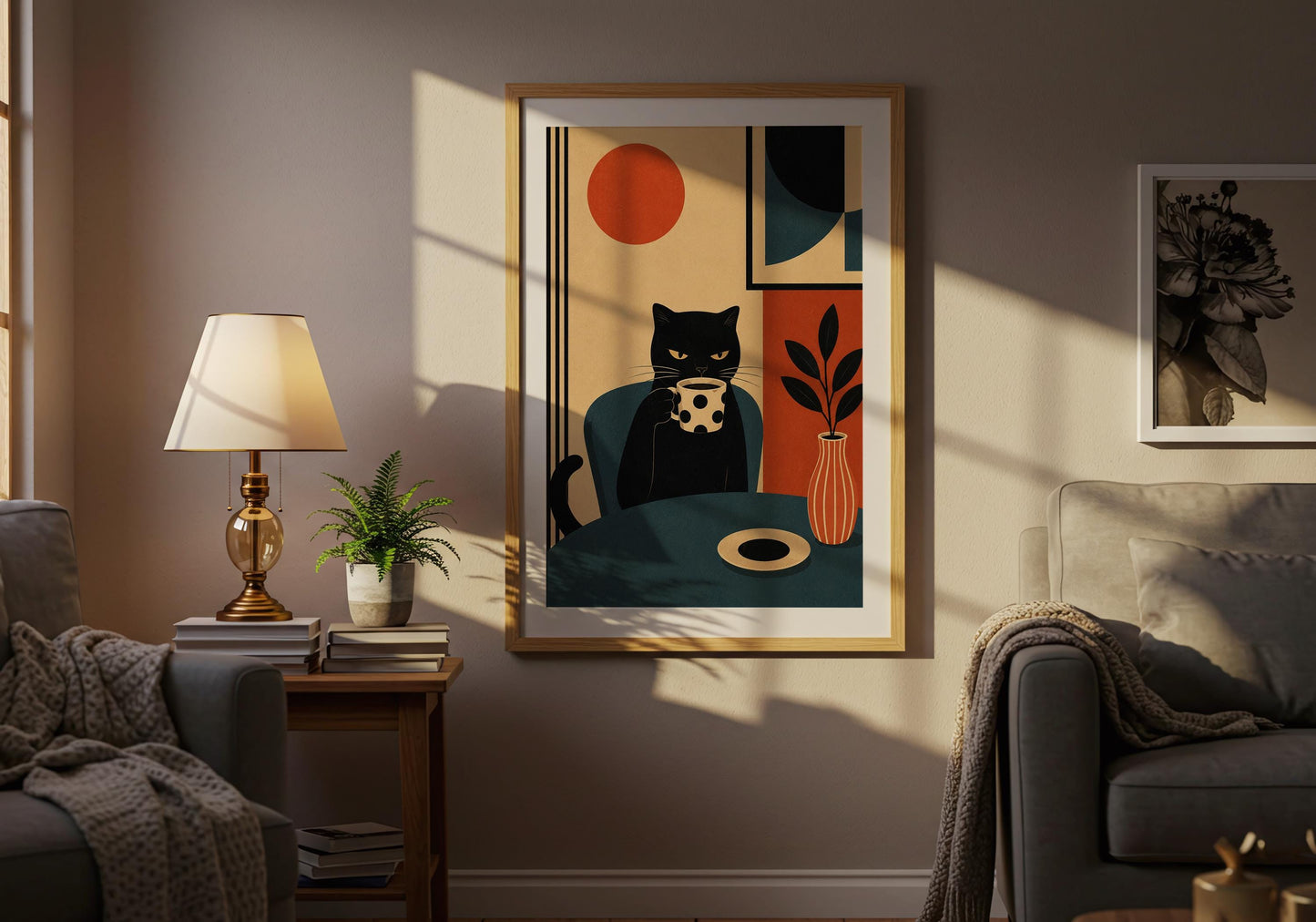 Mid-century modern cat print with bold geometric composition and earthy palette.