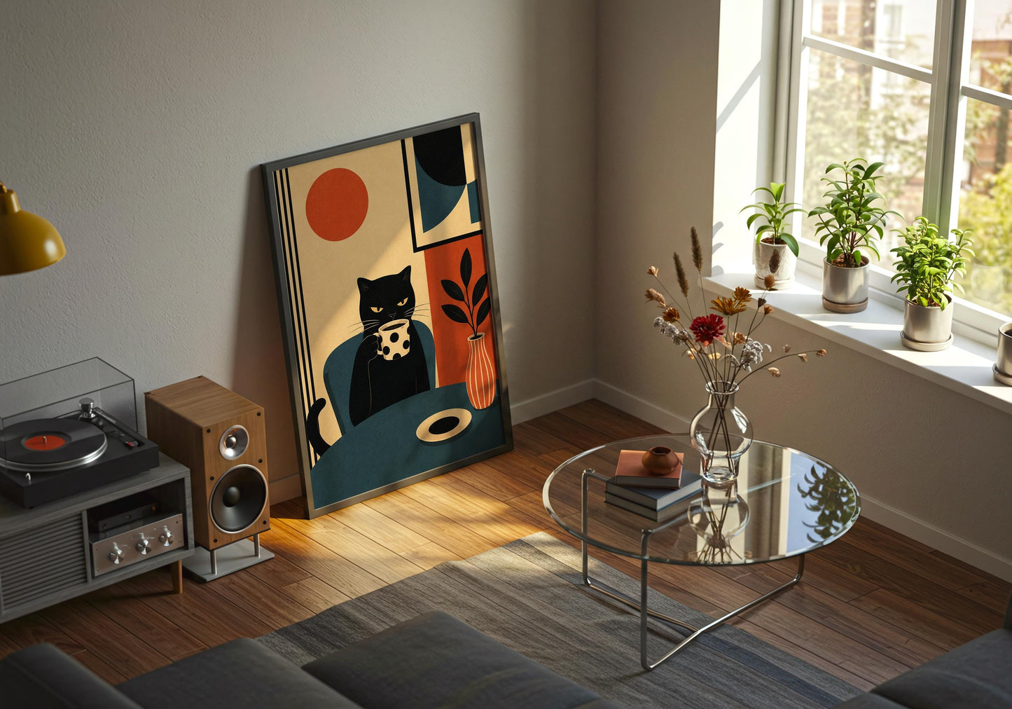 Contemporary black cat illustration for Scandinavian and minimalist interiors.